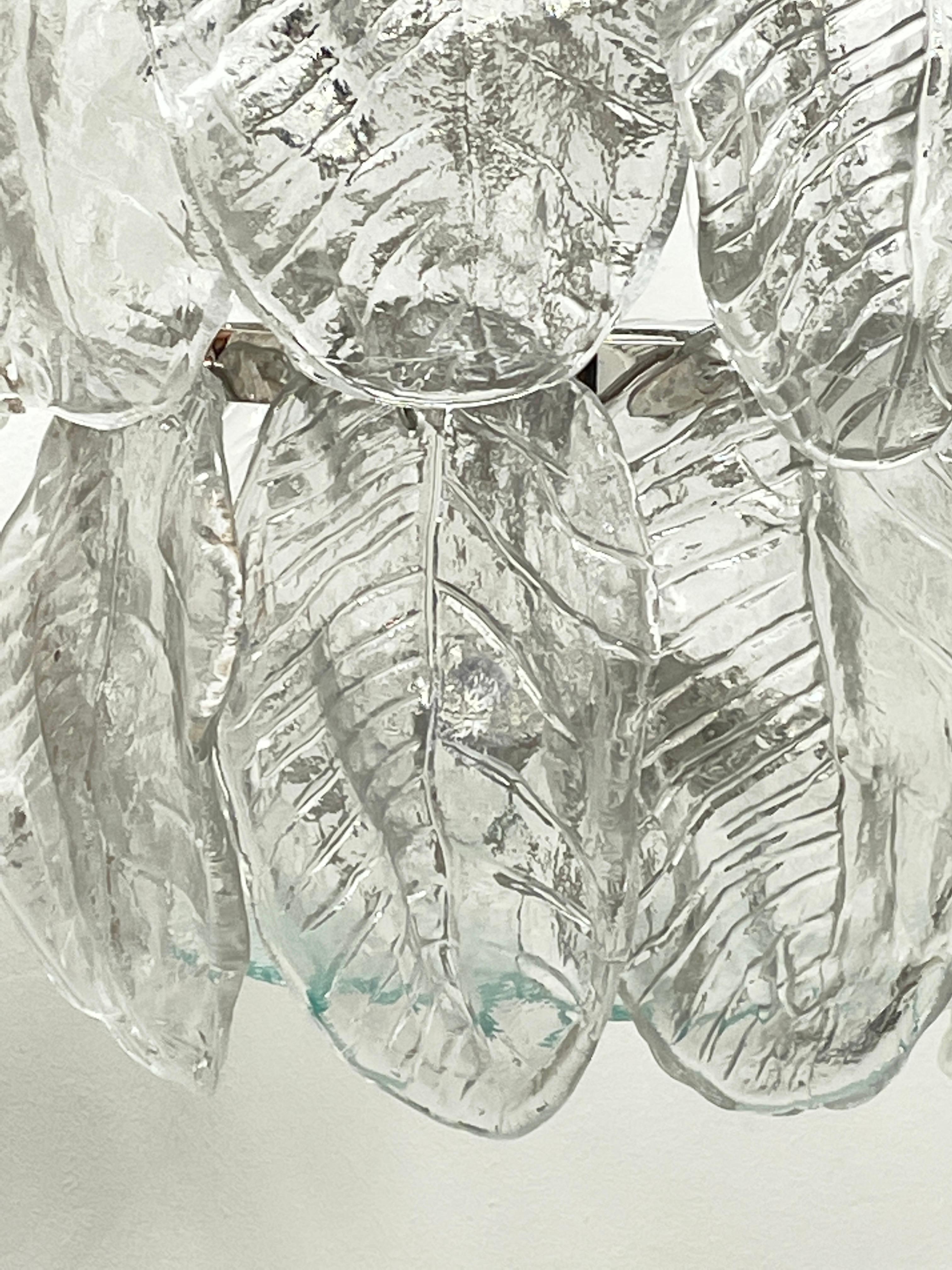 Monumental Large Clear Murano Glass Leaf & Chrome Venini Chandelier Italy, 1980s For Sale 4