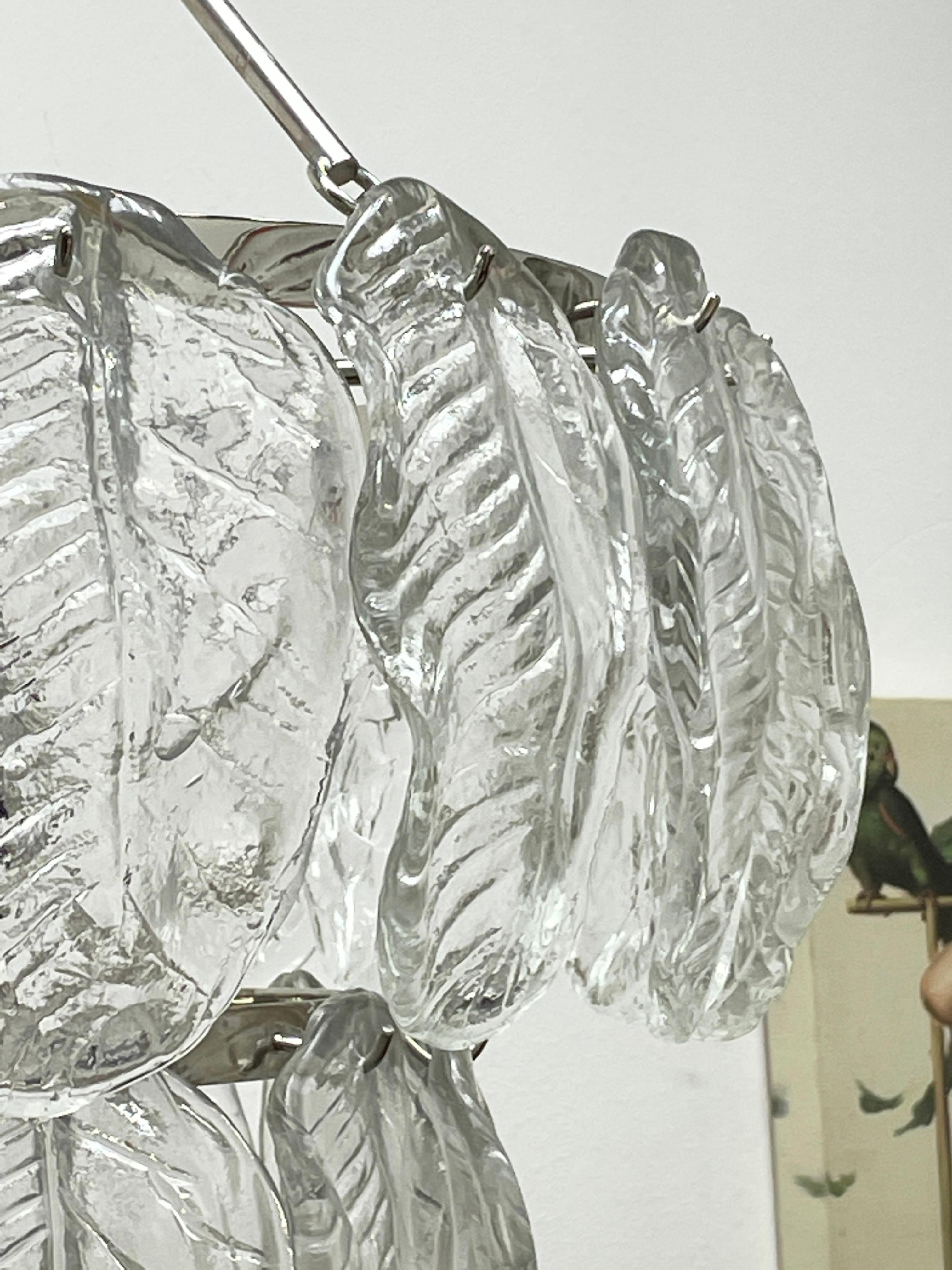 Monumental Large Clear Murano Glass Leaf & Chrome Venini Chandelier Italy, 1980s For Sale 6