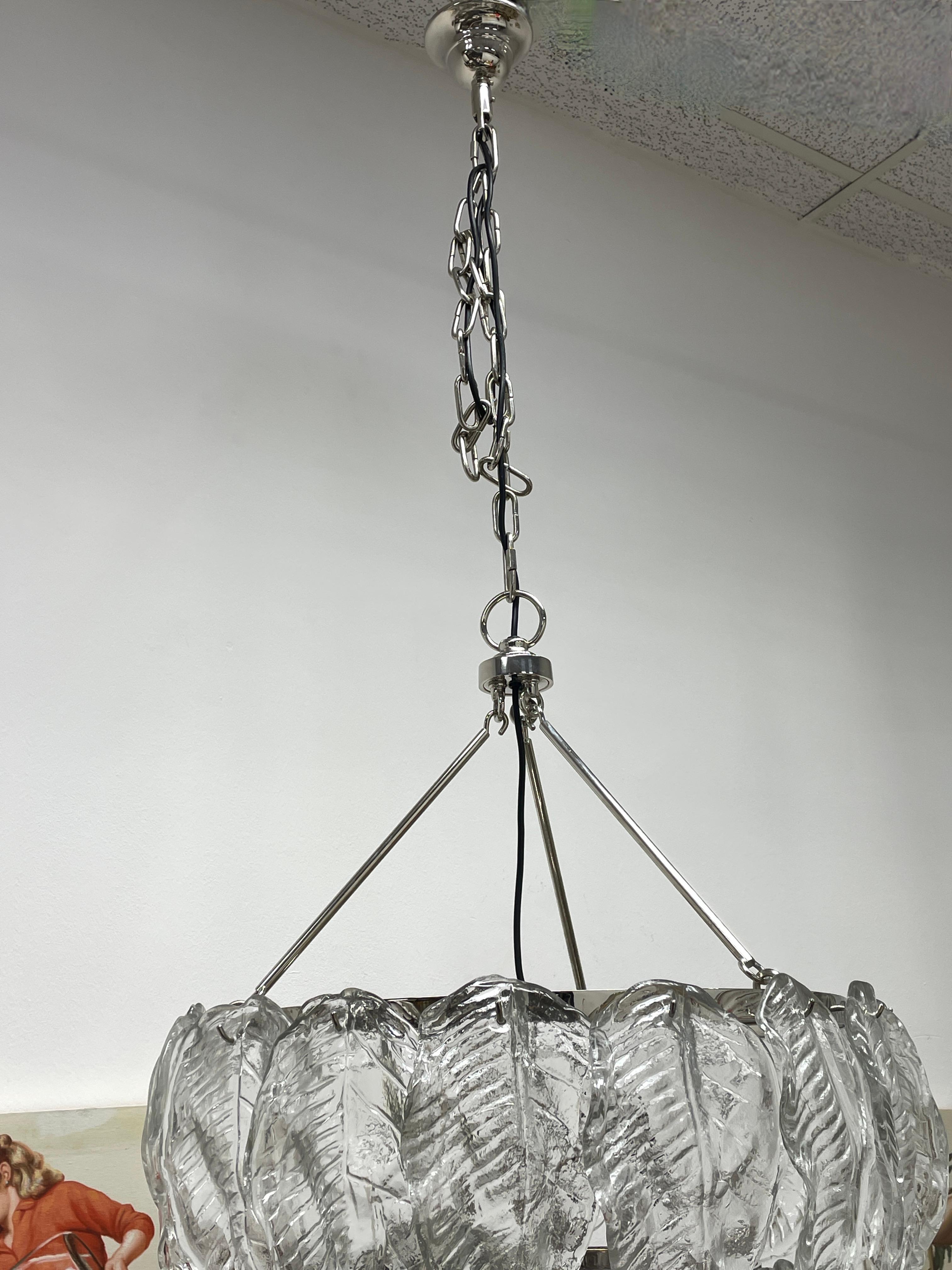 Monumental Large Clear Murano Glass Leaf & Chrome Venini Chandelier Italy, 1980s For Sale 8