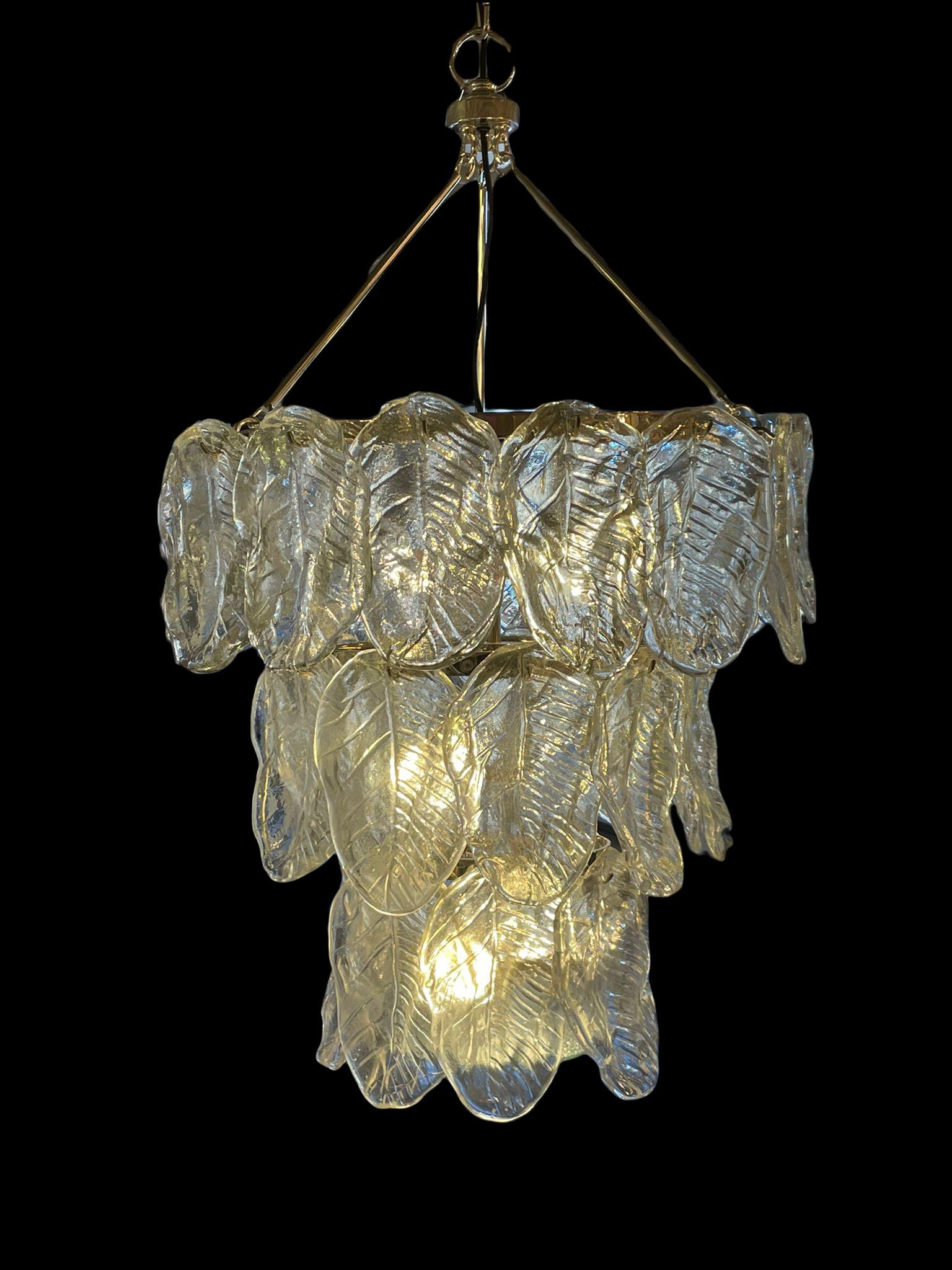 Monumental Large Clear Murano Glass Leaf & Chrome Venini Chandelier Italy, 1980s For Sale 10
