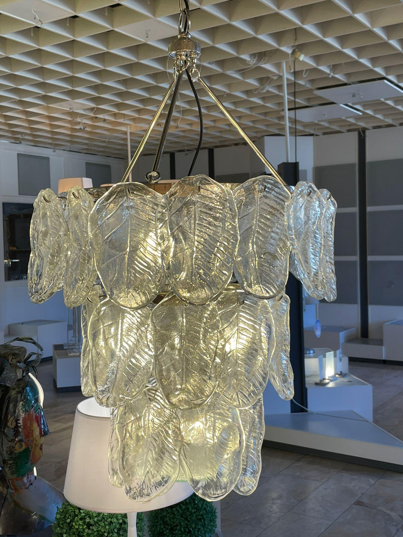 Monumental Large Clear Murano Glass Leaf & Chrome Venini Chandelier Italy, 1980s For Sale 12