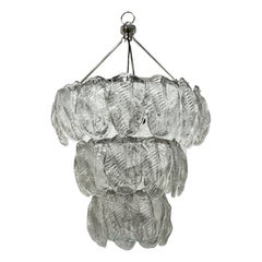 Monumental Large Clear Murano Glass Leaf & Chrome Venini Chandelier Italy, 1980s