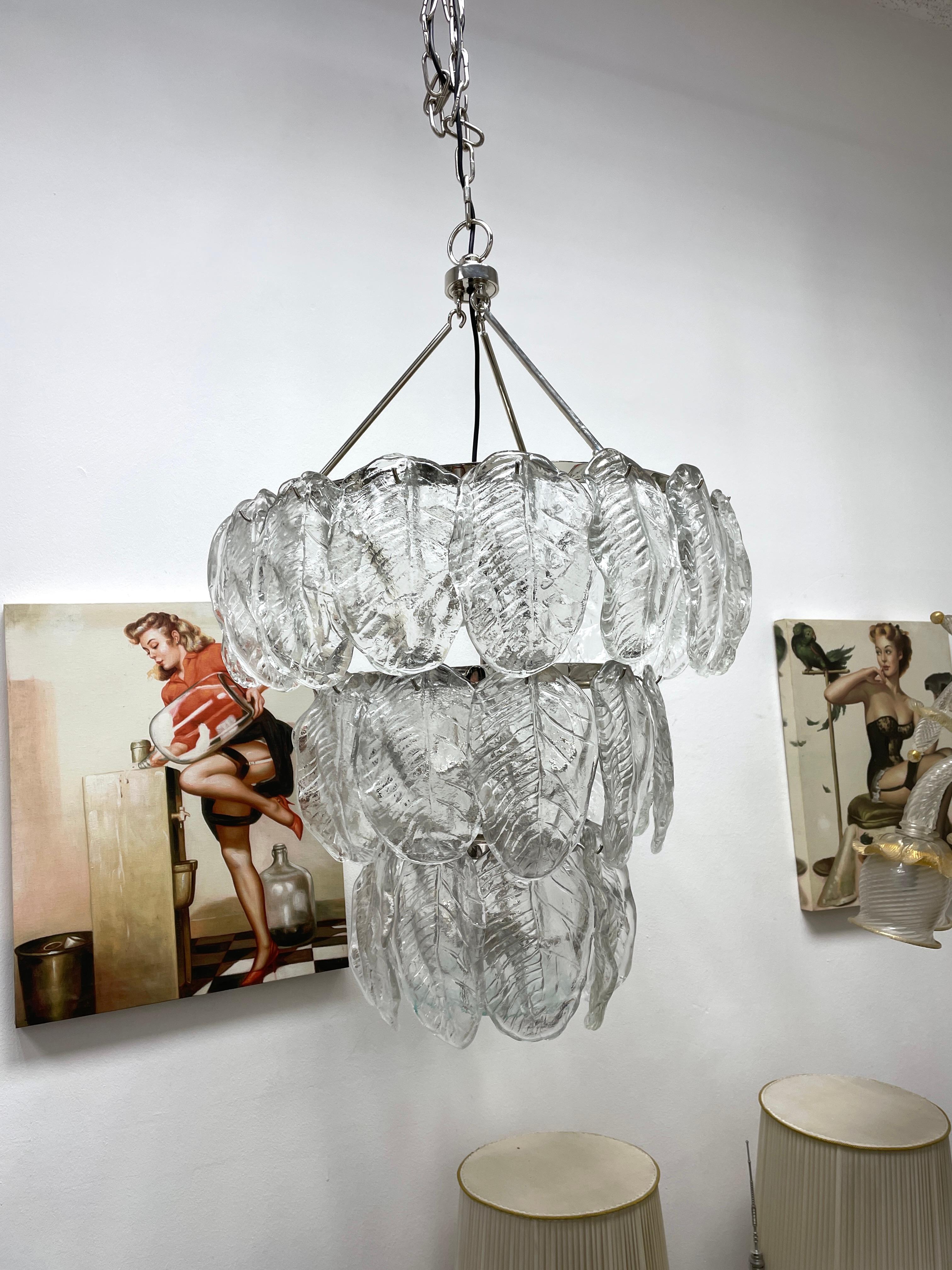 Mid-Century Modern Monumental Large Clear Murano Glass Leaf & Chrome Venini Chandelier Italy, 1980s For Sale