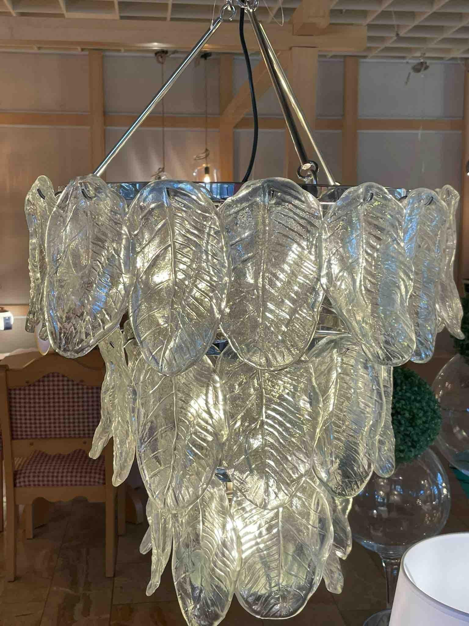 Monumental Large Clear Murano Glass Leaf & Chrome Venini Chandelier Italy, 1980s For Sale 13