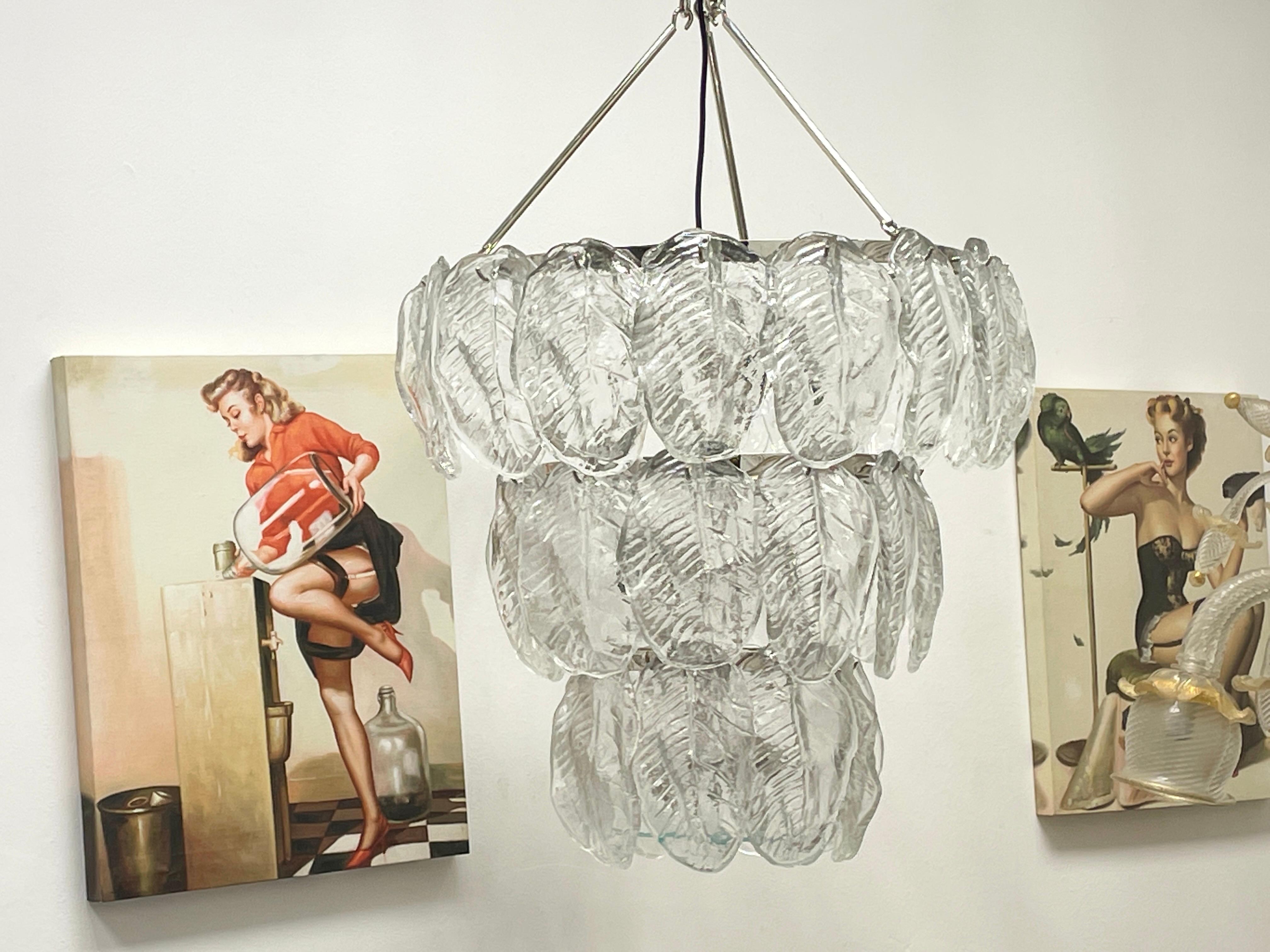 Monumental Large Clear Murano Glass Leaf & Chrome Venini Chandelier Italy, 1980s In Good Condition For Sale In Nuernberg, DE