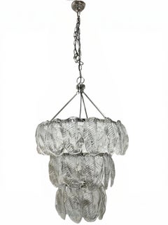 Vintage Monumental Large Clear Murano Glass Leaf & Chrome Venini Chandelier Italy, 1980s