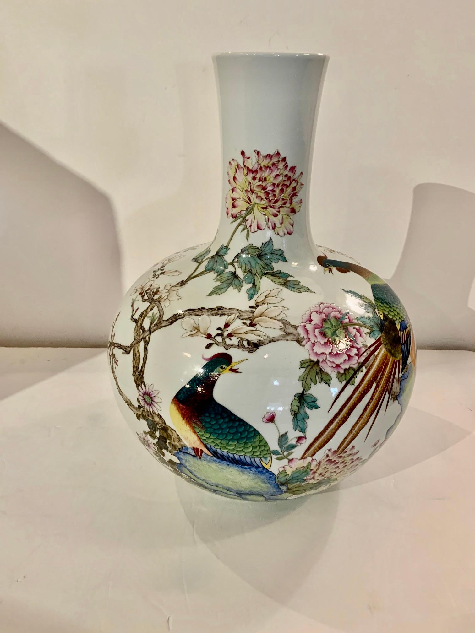 Mid-20th Century Monumental Large Decorative Chinese Painted Vase with Pheasant and Peonies