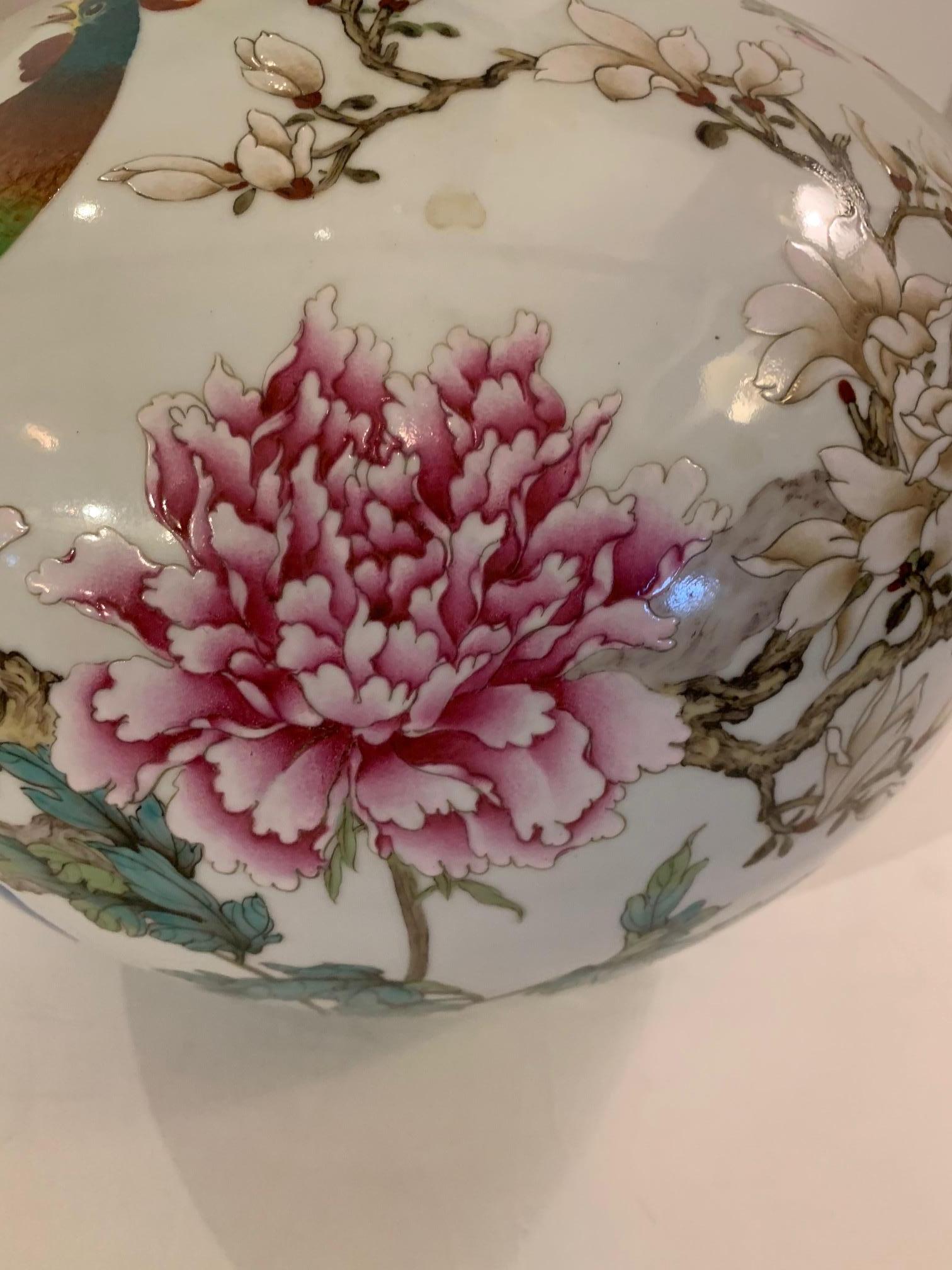 Porcelain Monumental Large Decorative Chinese Painted Vase with Pheasant and Peonies