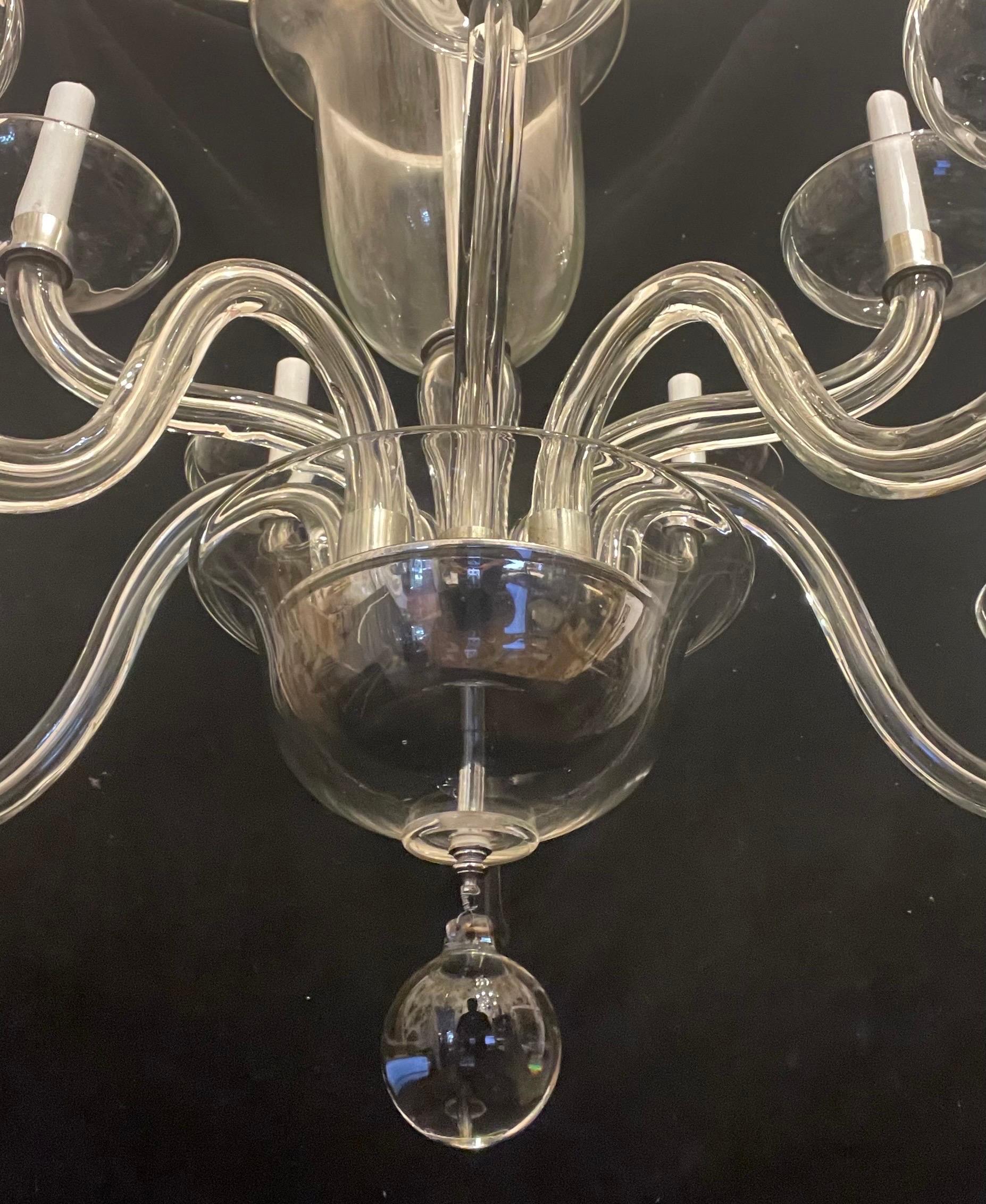 Monumental Large Elegant Crystal Glass Mid-Century Modern Nine-Light Chandelier In Good Condition For Sale In Roslyn, NY