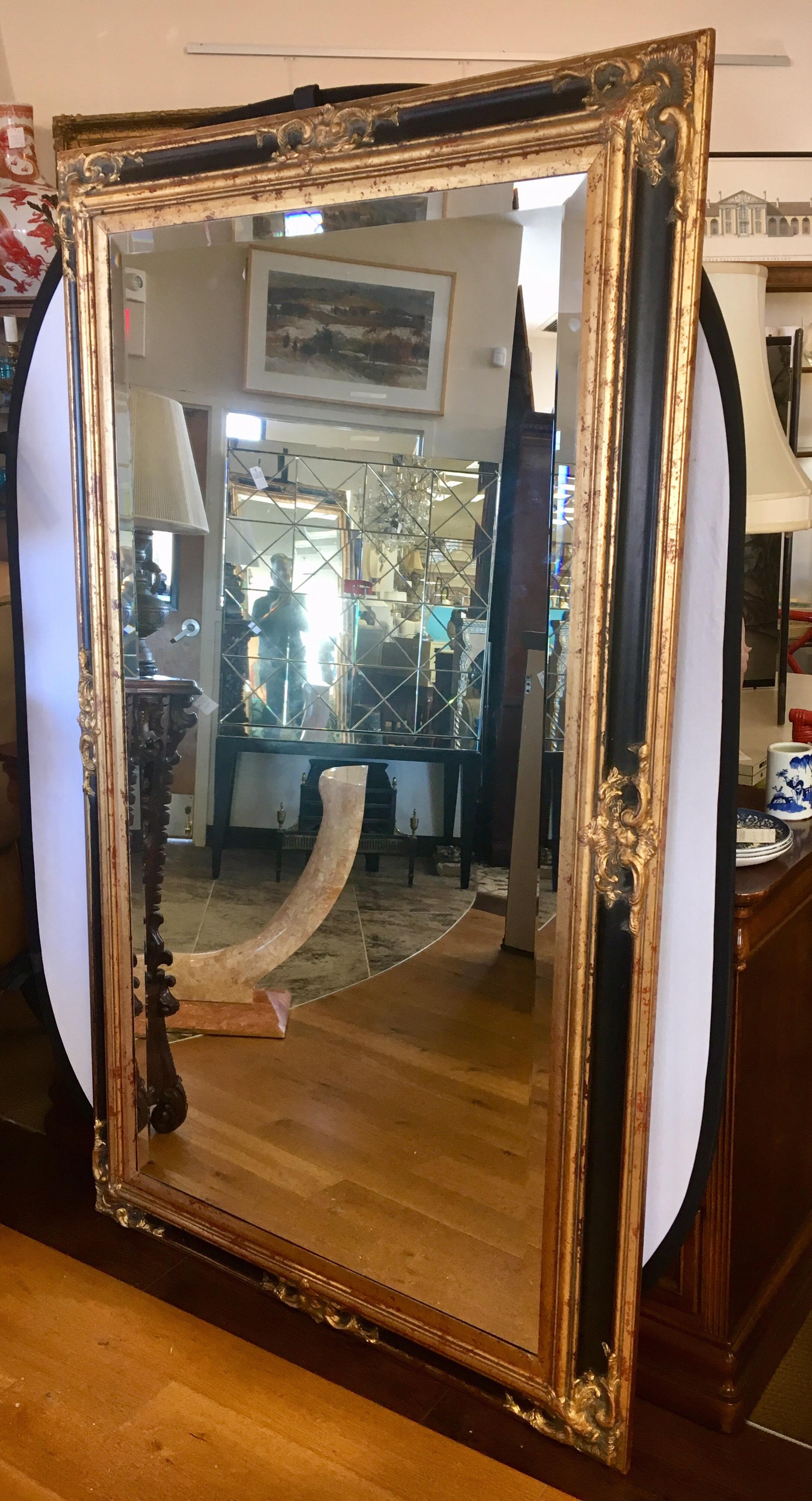 Monumental Large Full Length Neoclassical Beveled Floor Mirror Black and Gold 5