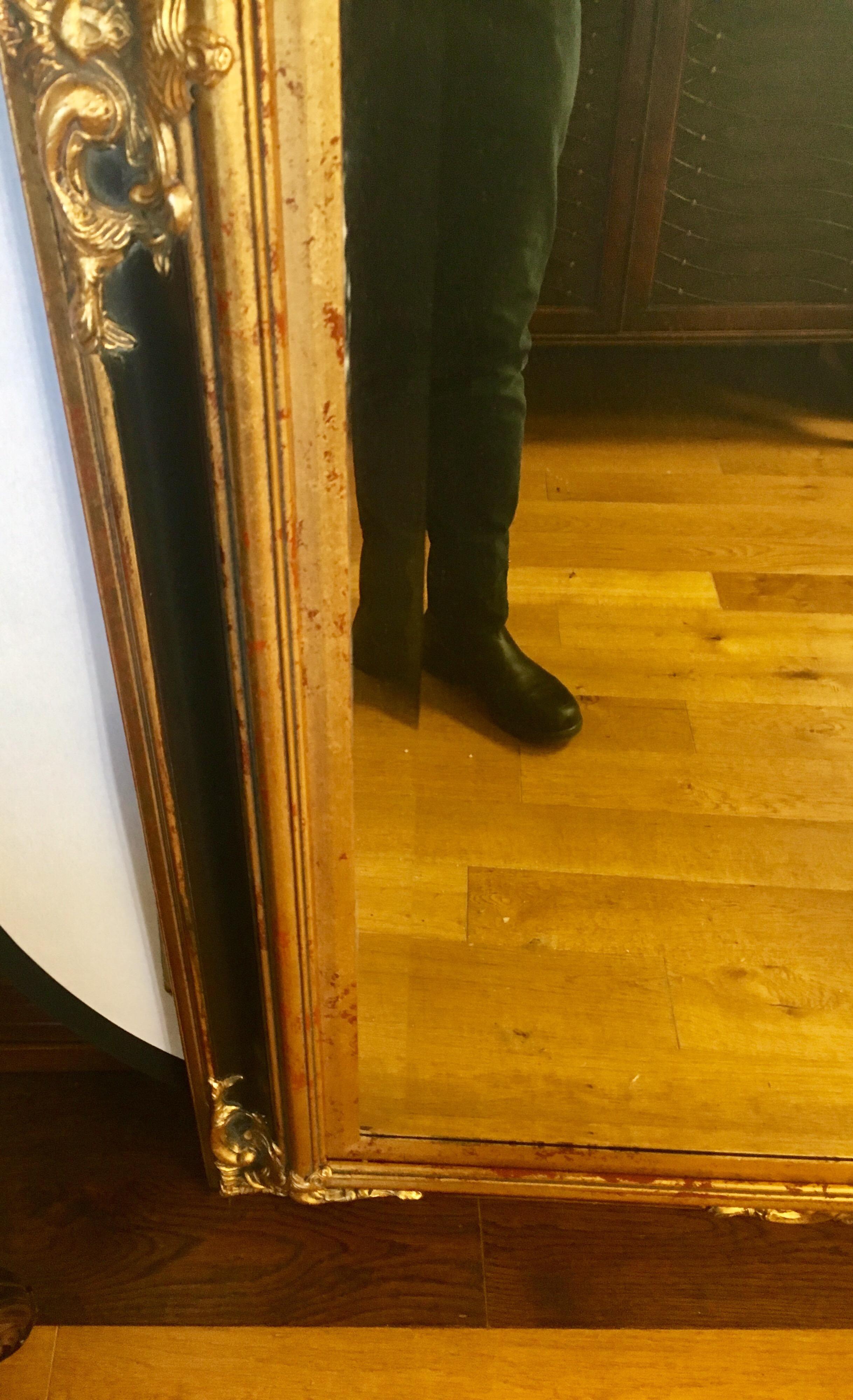 Monumental Large Full Length Neoclassical Beveled Floor Mirror Black and Gold In Good Condition In West Hartford, CT