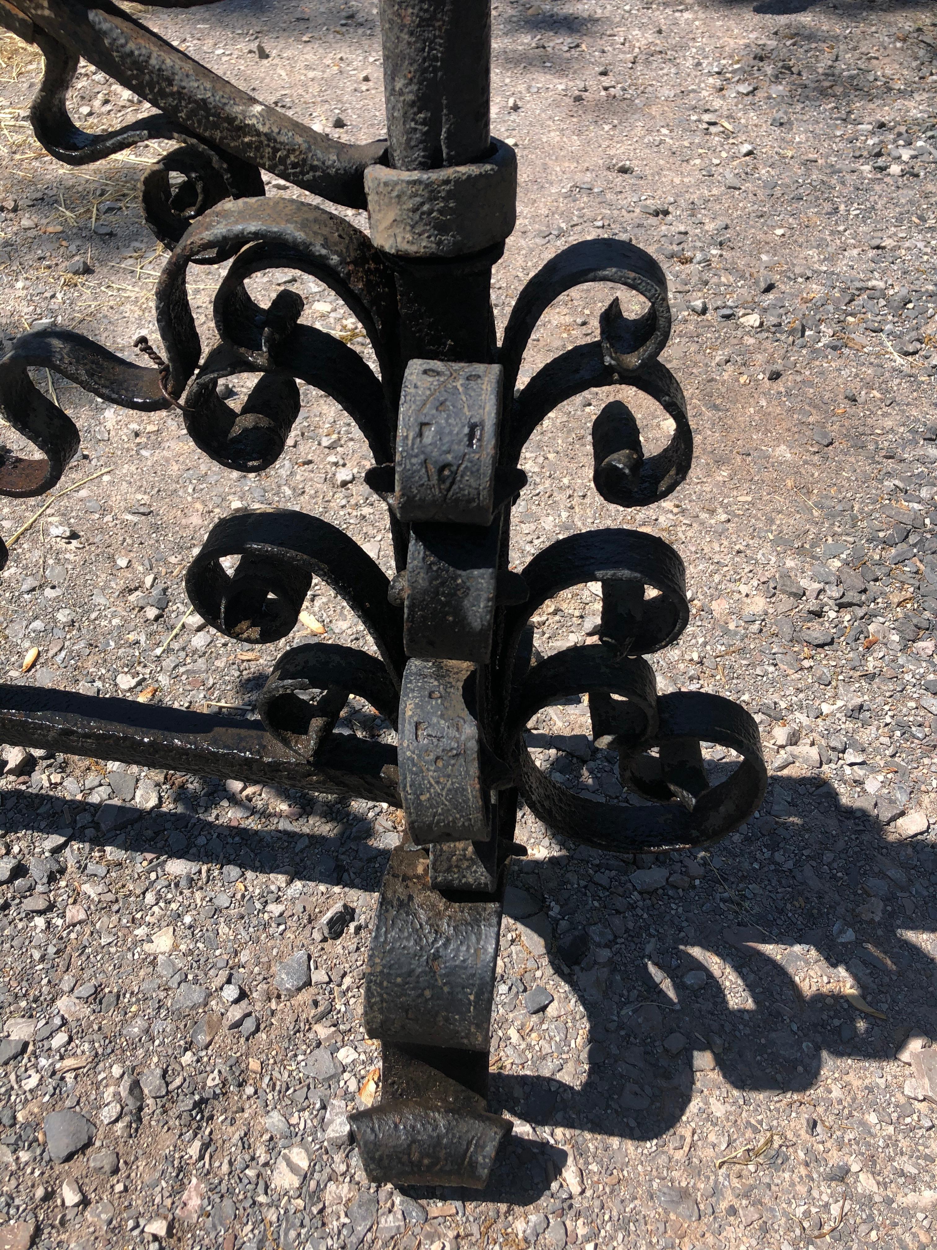 19th Century Monumental Large Ornate Gothic Black Iron Andirons For Sale