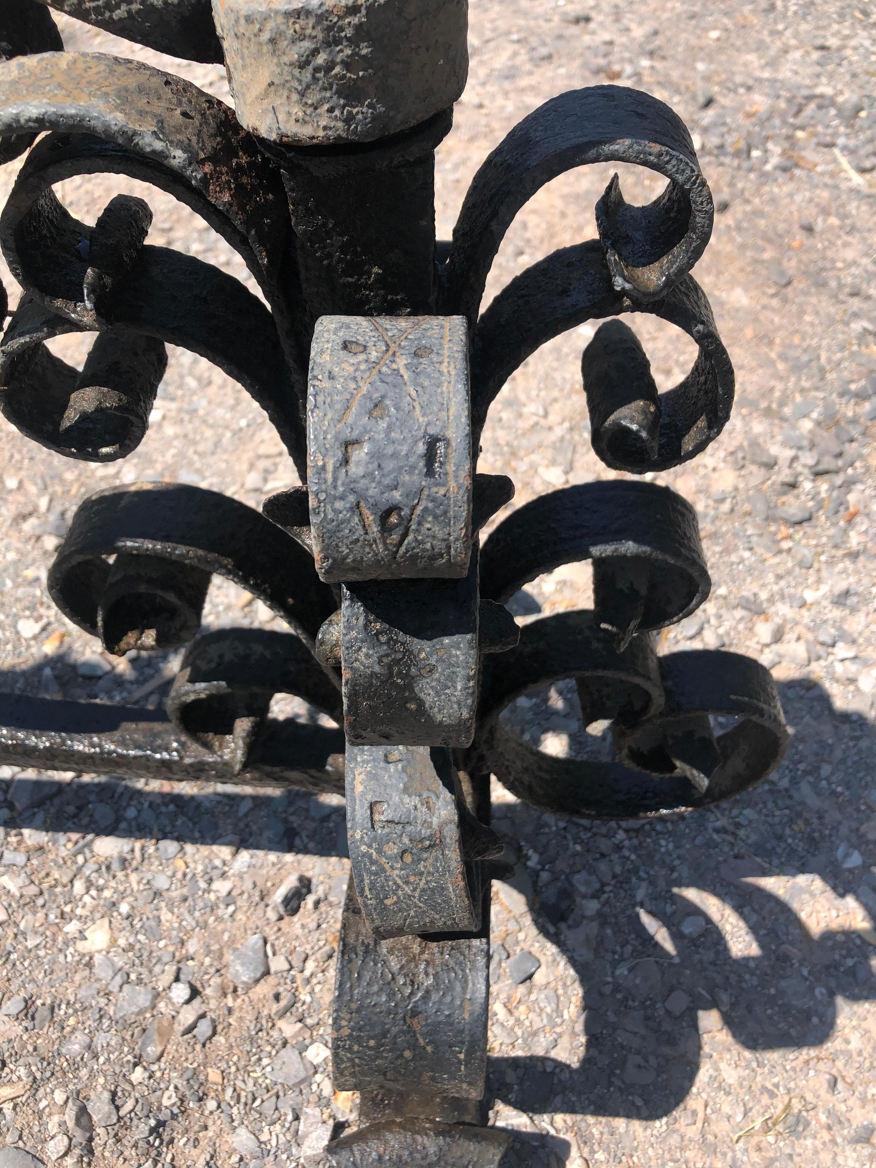 Monumental Large Ornate Gothic Black Iron Andirons For Sale 1