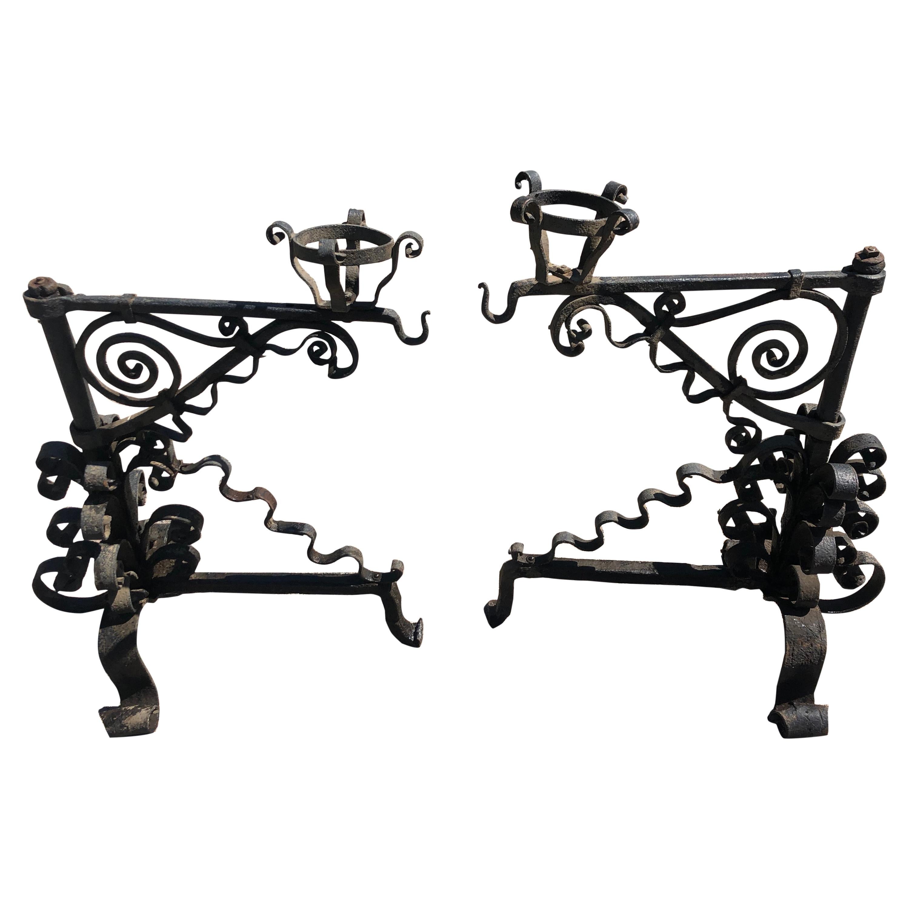 Monumental Large Ornate Gothic Black Iron Andirons For Sale