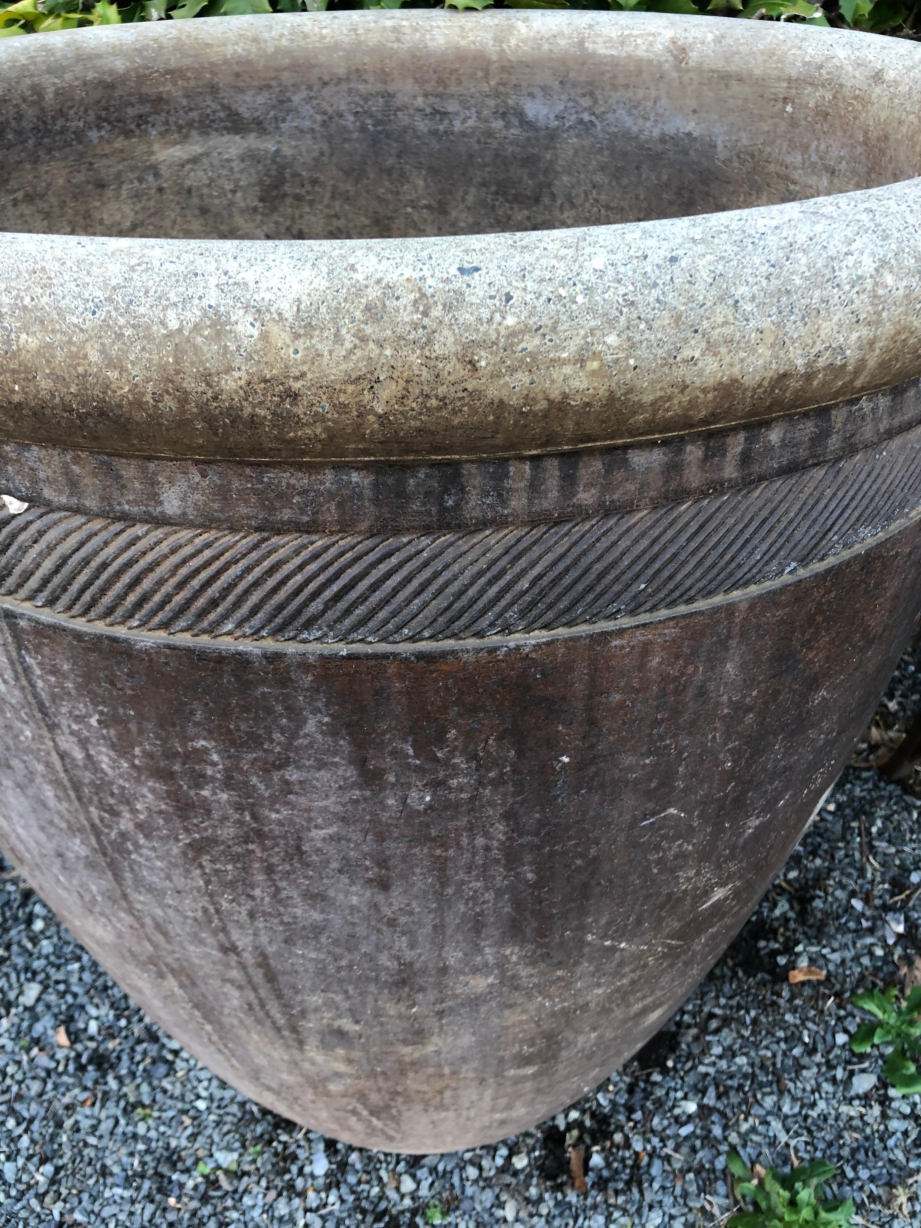 Enormous & impressive pair of brown glazed stone pottery planters urns.