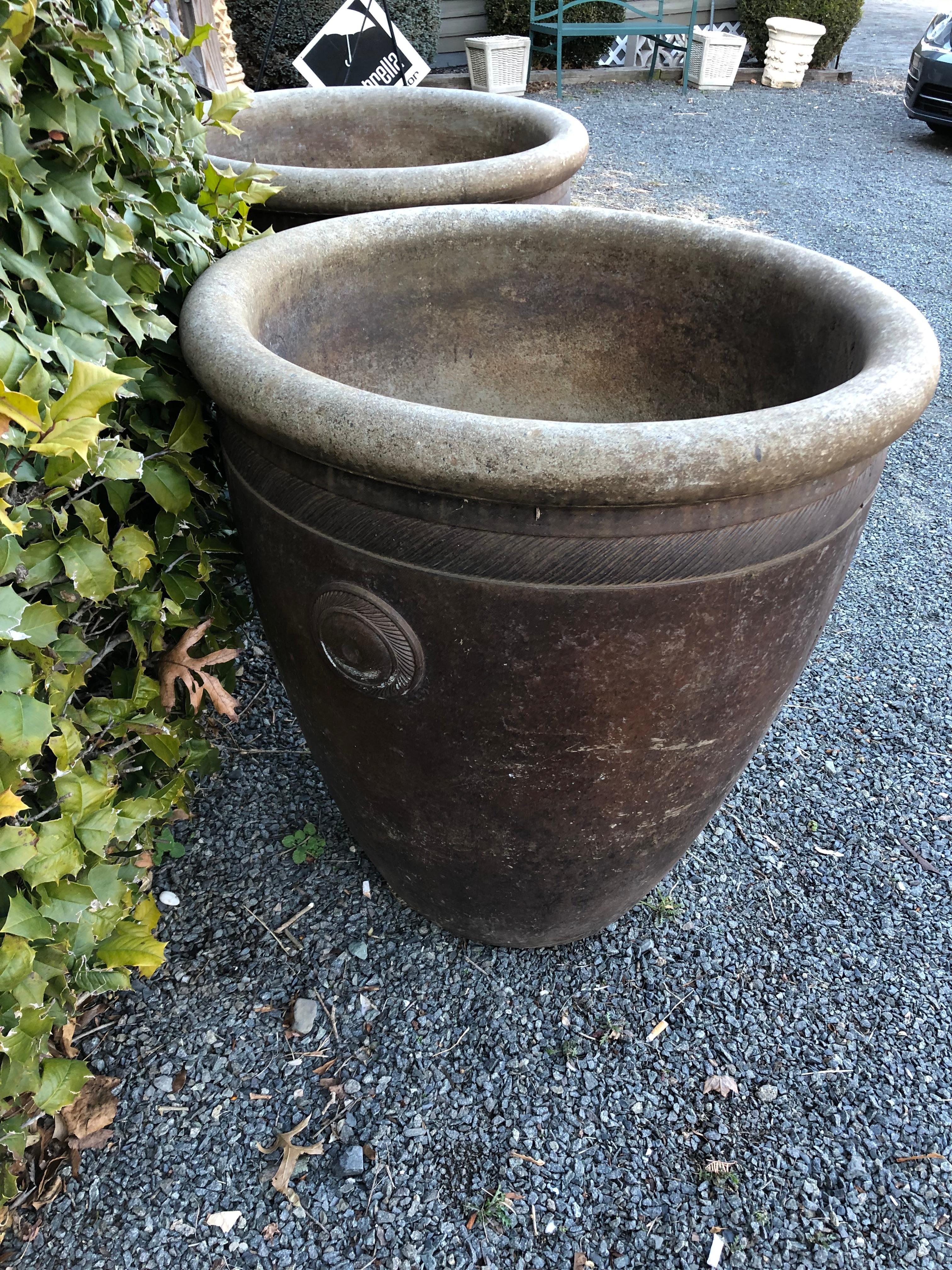 Monumental Large Pair of Matte Stone Pottery Planters Urns 1