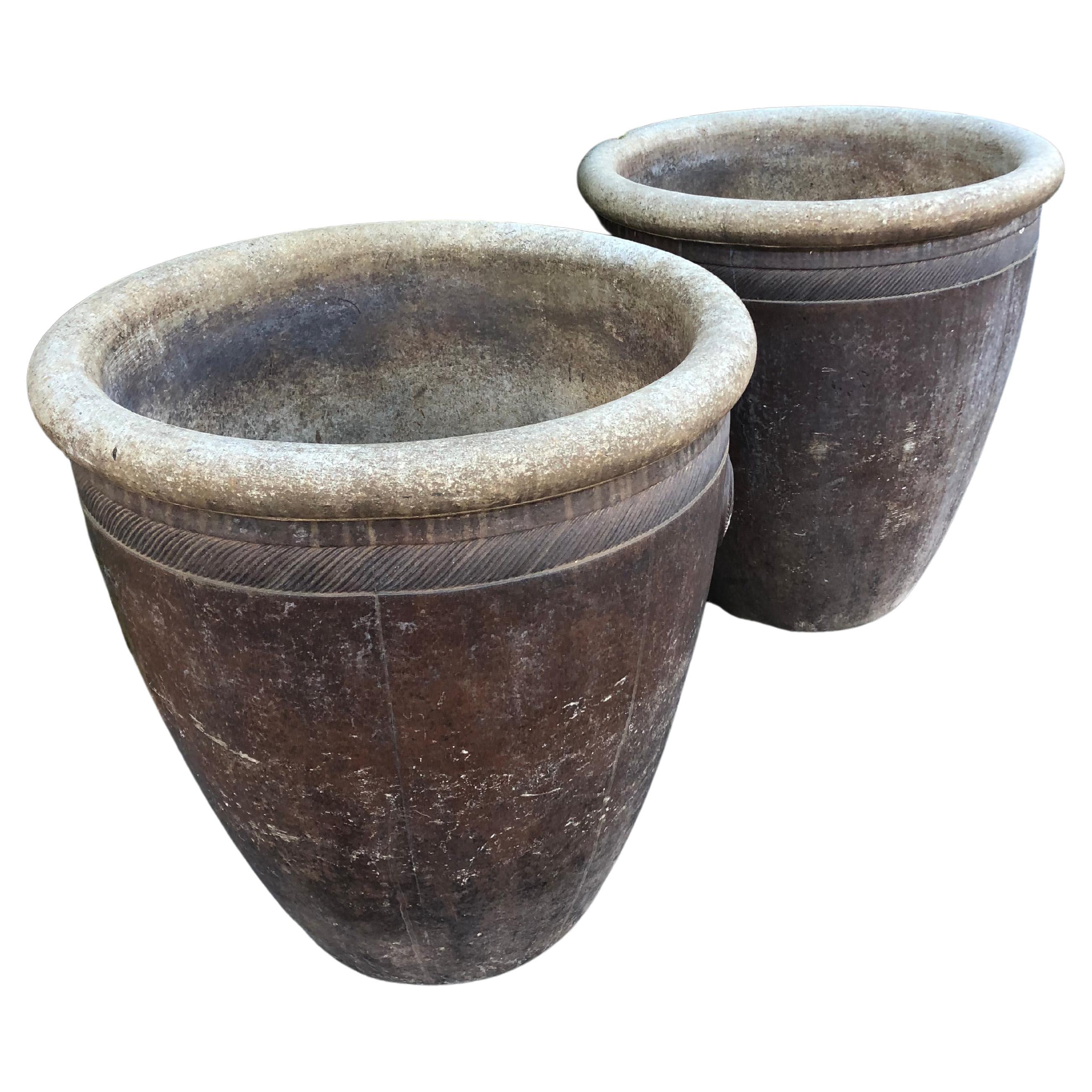Monumental Large Pair of Matte Stone Pottery Planters Urns