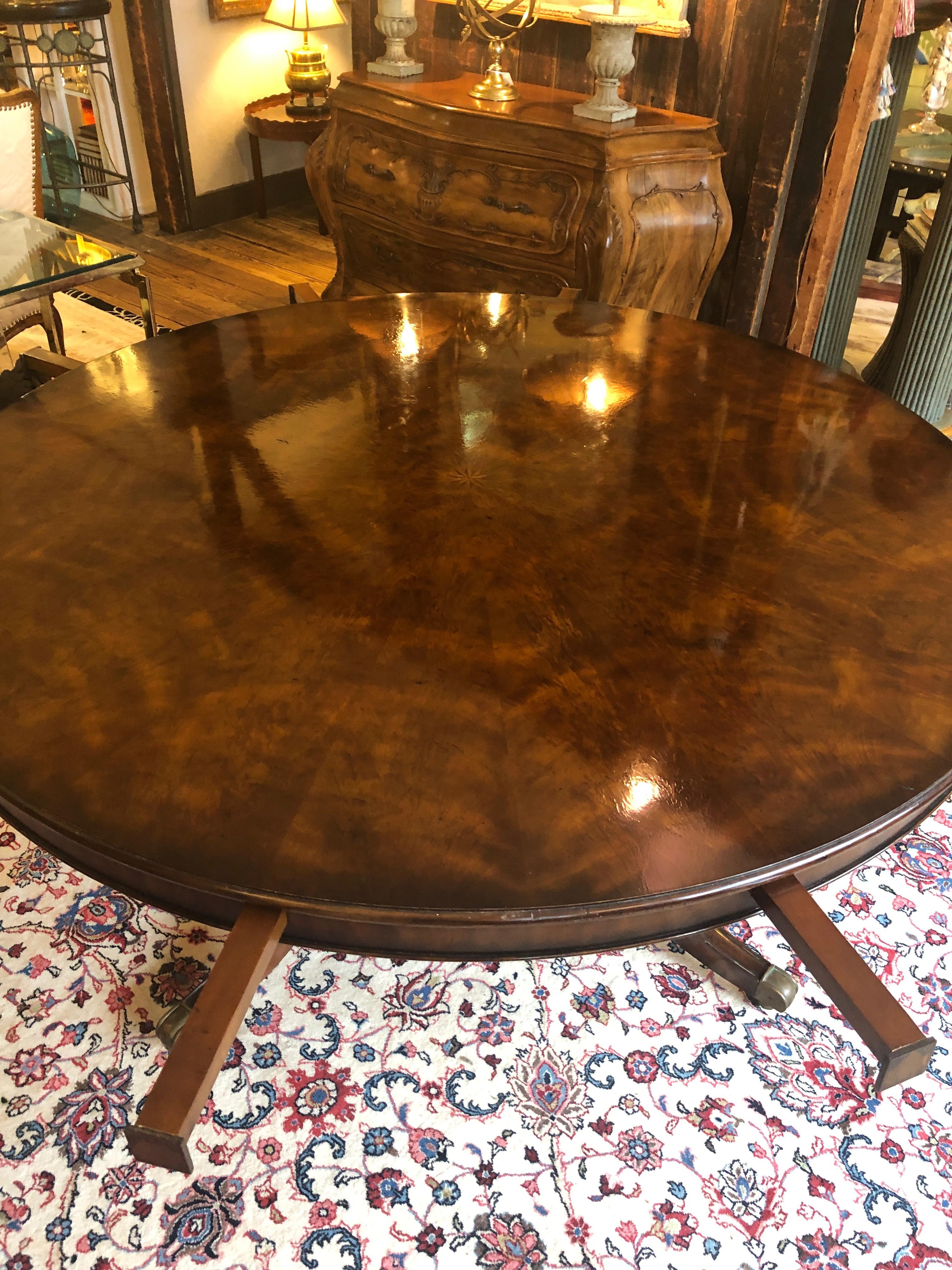 Monumental Large Round Crotch Mahogany Dining Table with Peripheral Leaves 7
