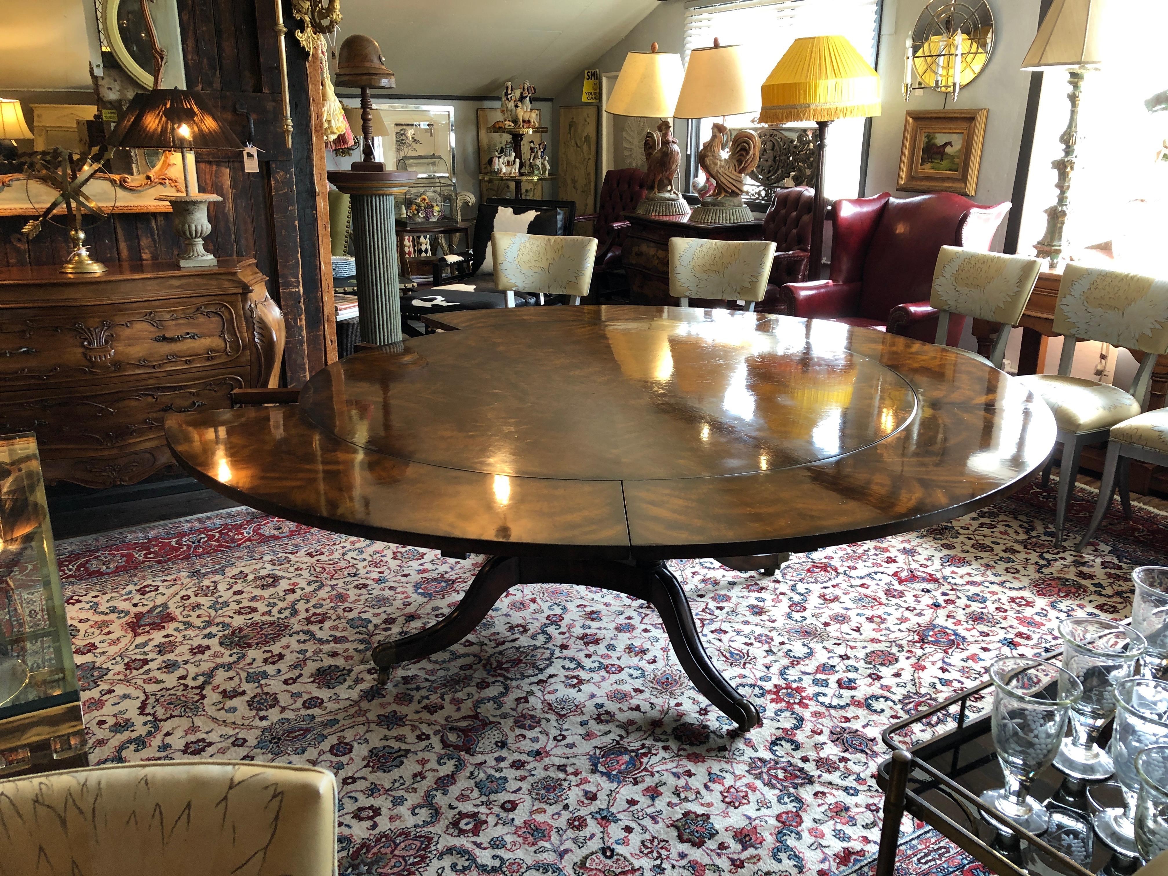 Regency Monumental Large Round Crotch Mahogany Dining Table with Peripheral Leaves