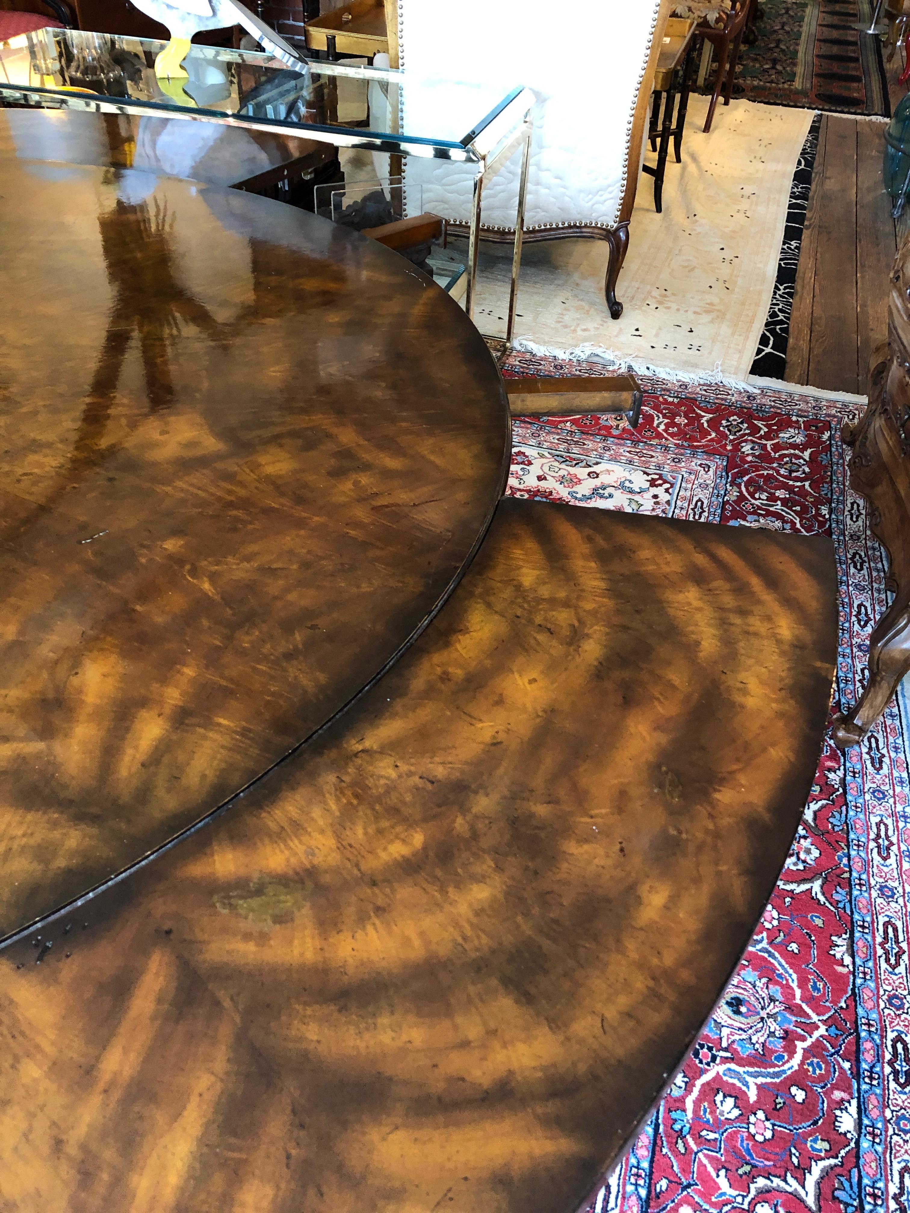 Veneer Monumental Large Round Crotch Mahogany Dining Table with Peripheral Leaves
