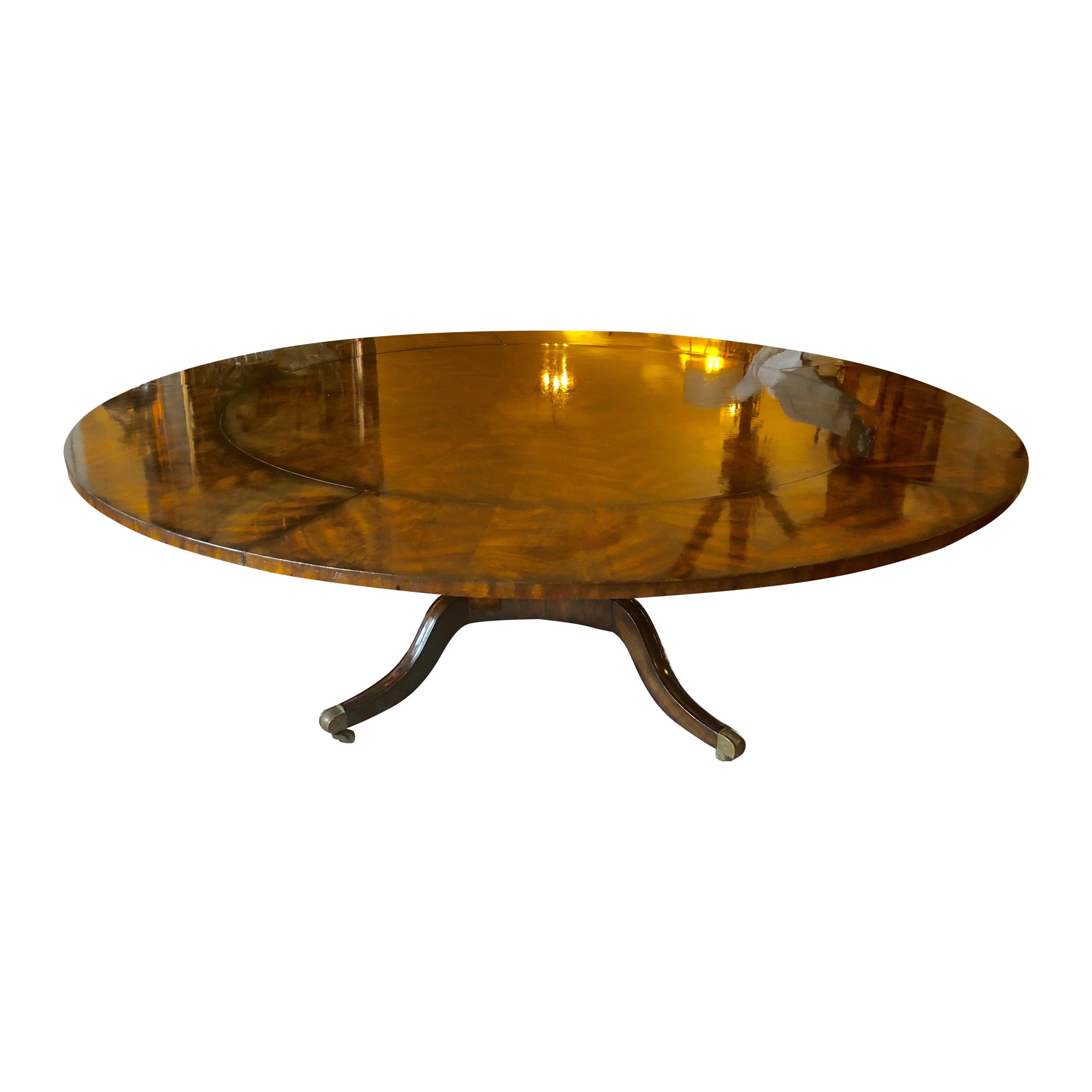Monumental Large Round Crotch Mahogany Dining Table with Peripheral Leaves