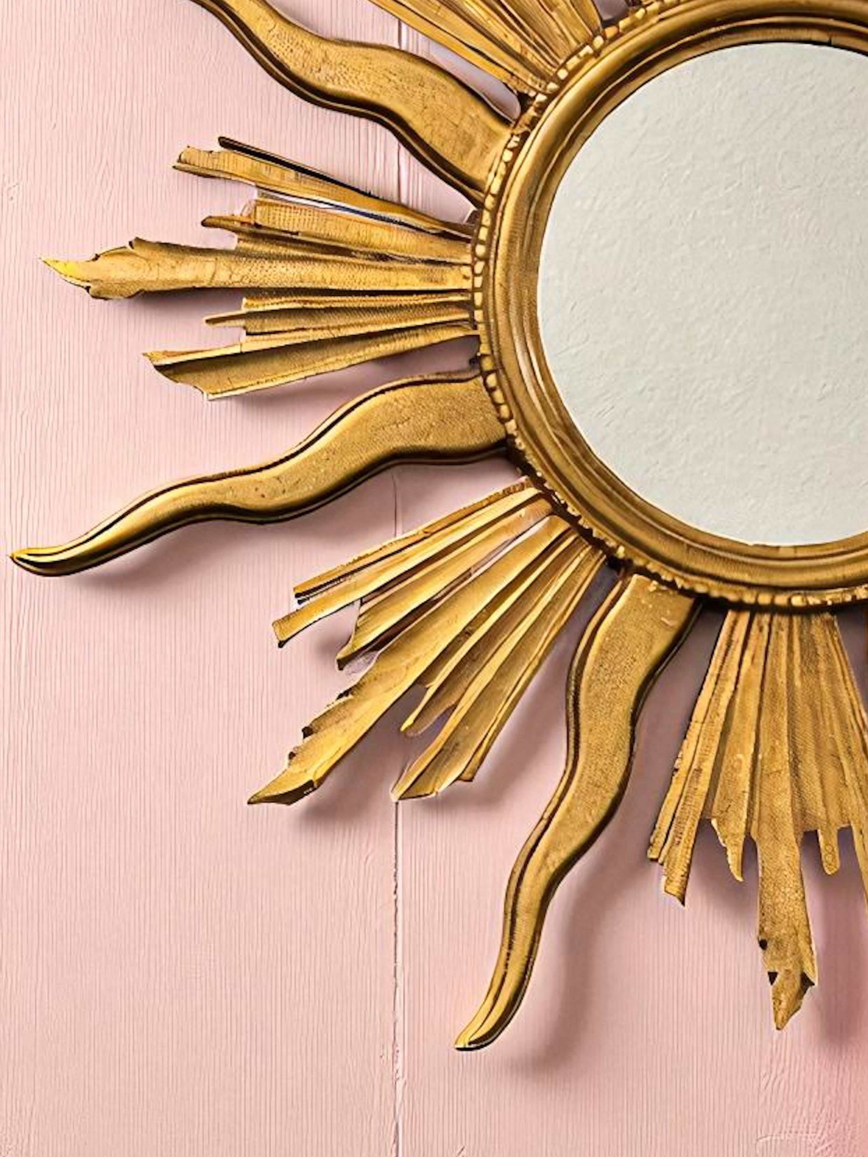 Monumental Large Starburst Sunburst Gilded Wood Mirror, circa 1950s For Sale 4