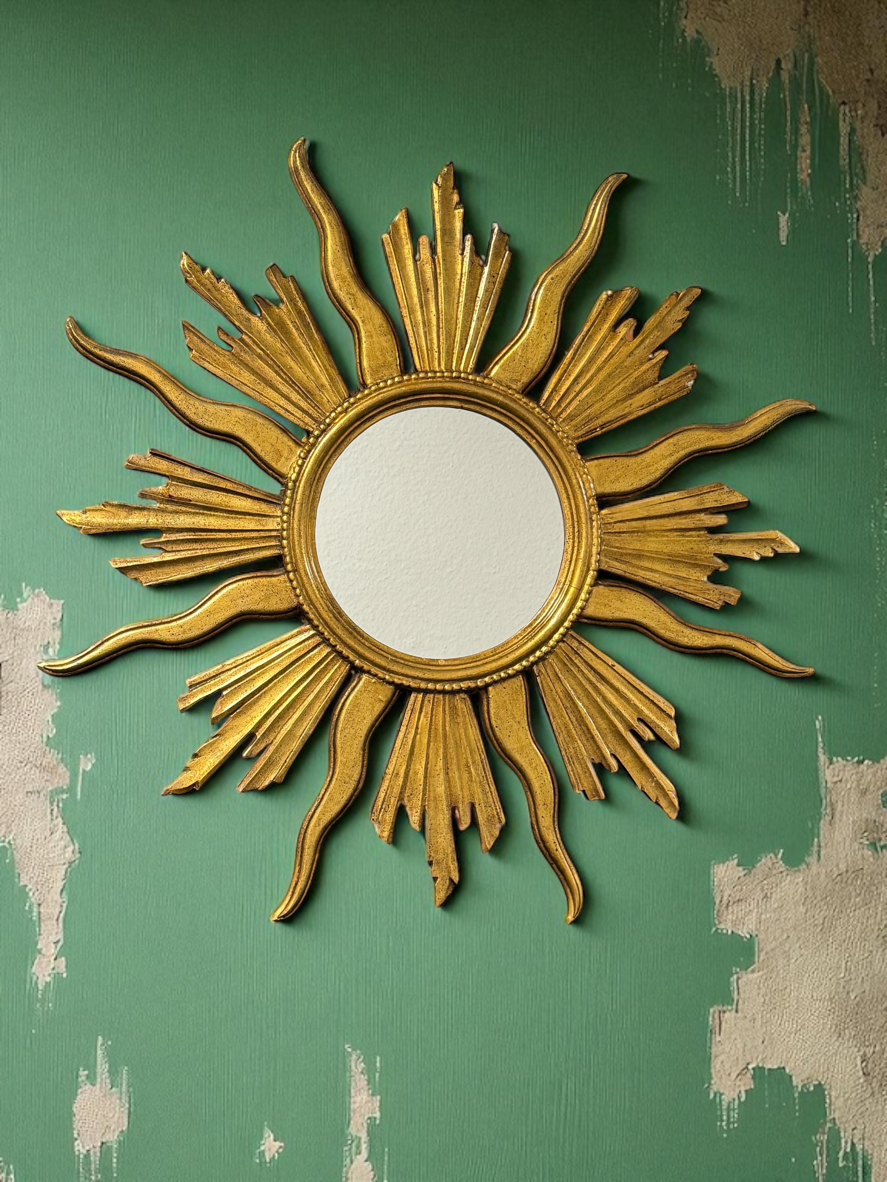 Monumental Large Starburst Sunburst Gilded Wood Mirror, circa 1950s For Sale 12