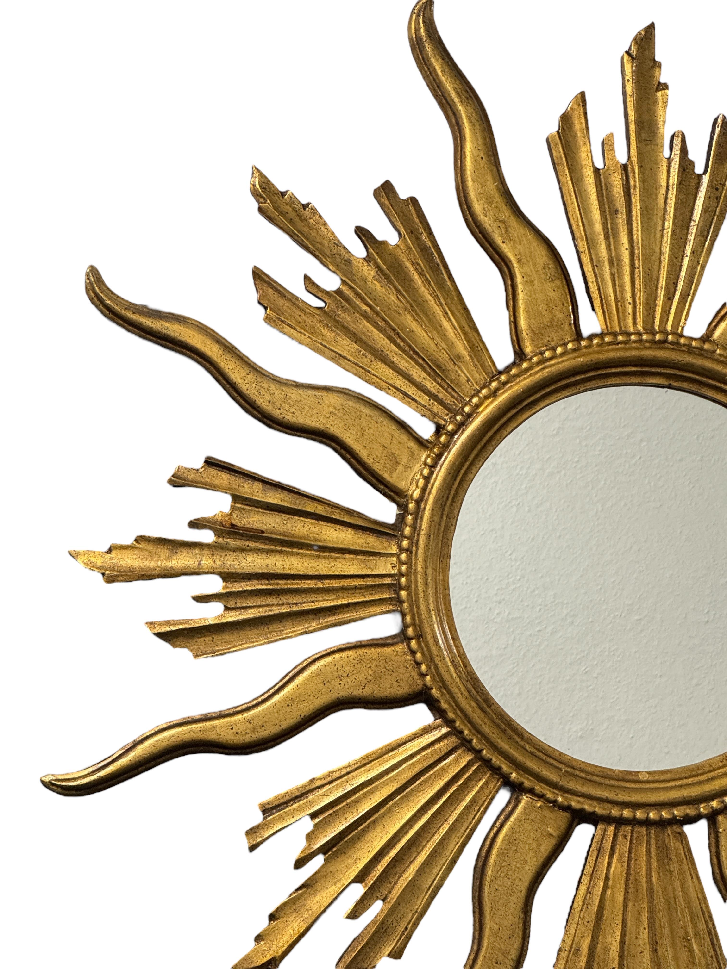 Early 20th Century Monumental Large Starburst Sunburst Gilded Wood Mirror, circa 1950s For Sale