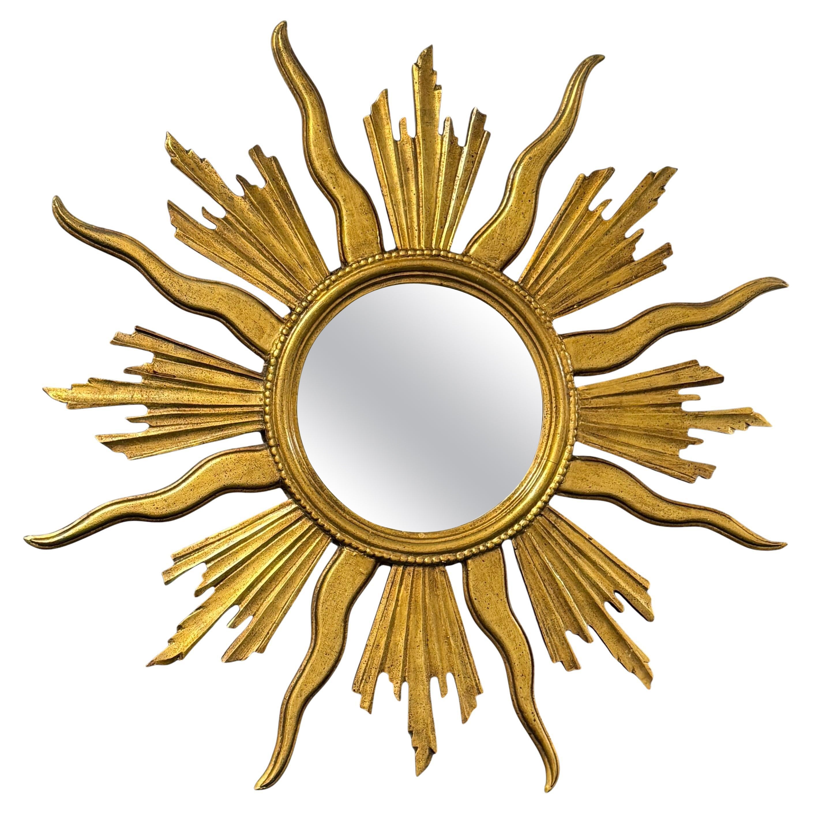 Monumental Large Starburst Sunburst Gilded Wood Mirror, circa 1950s For Sale
