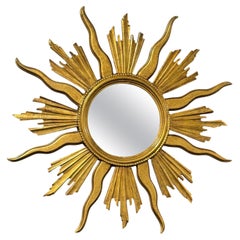 Antique Monumental Large Starburst Sunburst Gilded Wood Mirror, circa 1950s