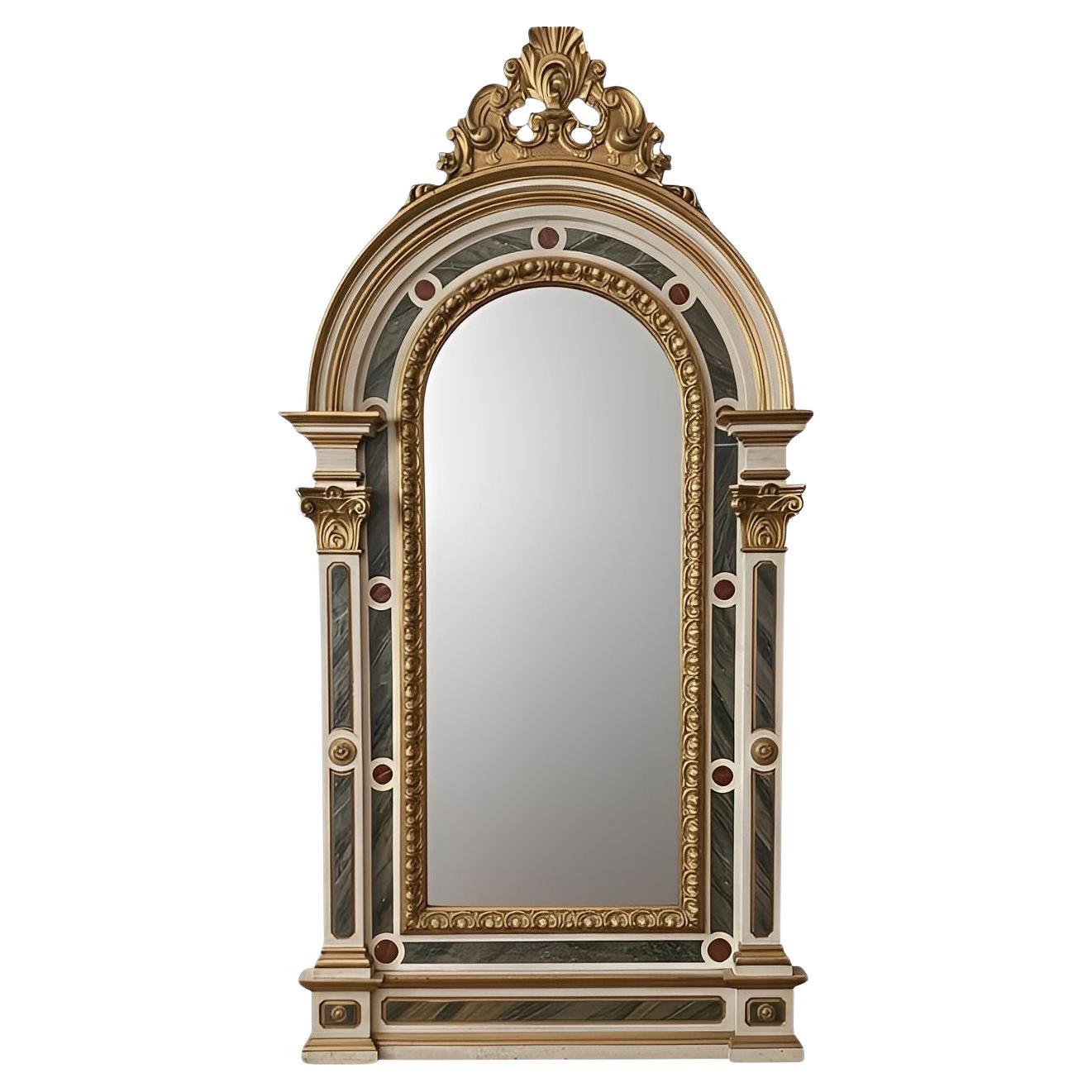 Monumental miroir vénitien italien de la fin du 18e C. avec faux marbre et bois doré sculpté en vente