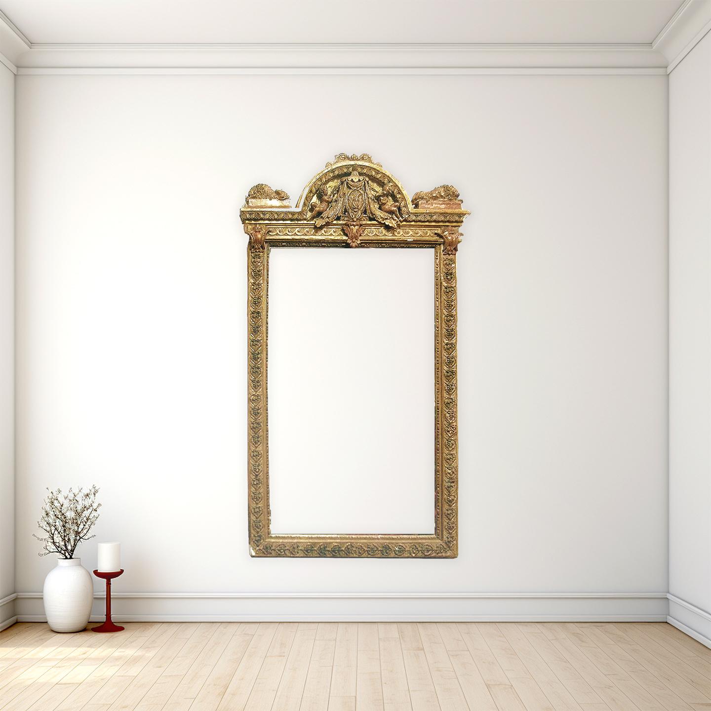 Monumental late 18th century French Giltwood Frame
France; ca. 1800
Giltwood

Approximate size:  52 (h) x 48 (w) x 5 (d) in.

This statement frame was beautifully conceived at the height of the French Louis XVI period.  Its ostentatious