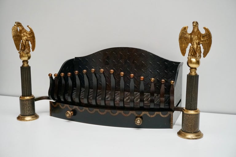 Monumental Late 19th Century Cast Iron Fire Grates Basket with Bronze Eagles For Sale 1