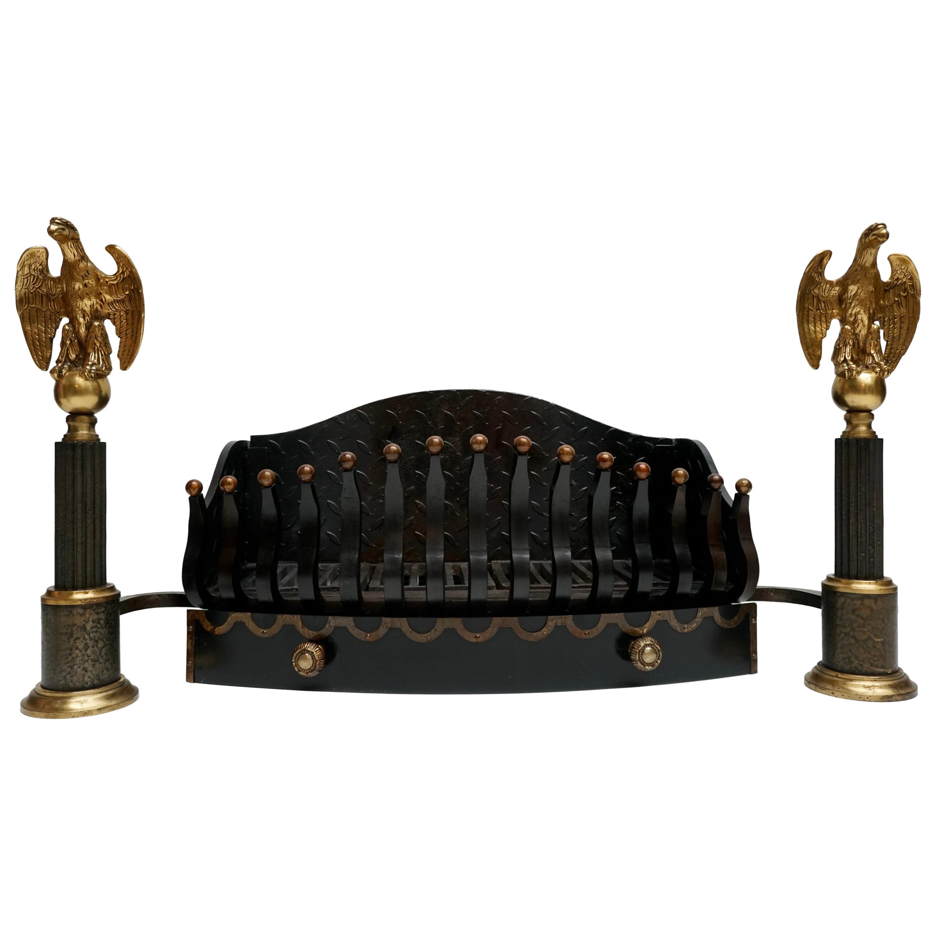 Monumental Late 19th Century Cast Iron Fire Grates Basket with Bronze Eagles