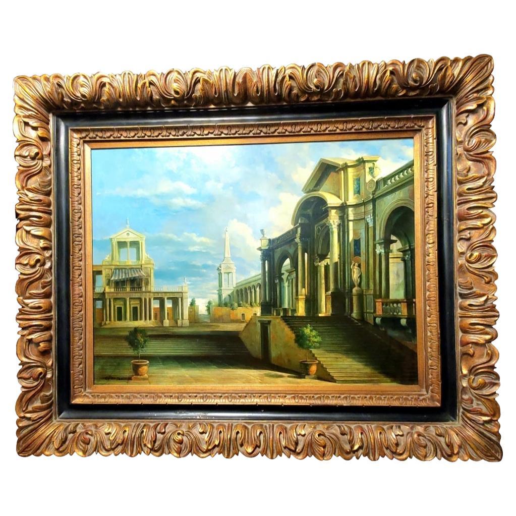 Monumental Fin du 20ème siècle Peinture à l'huile architecturale italienne sur Canva