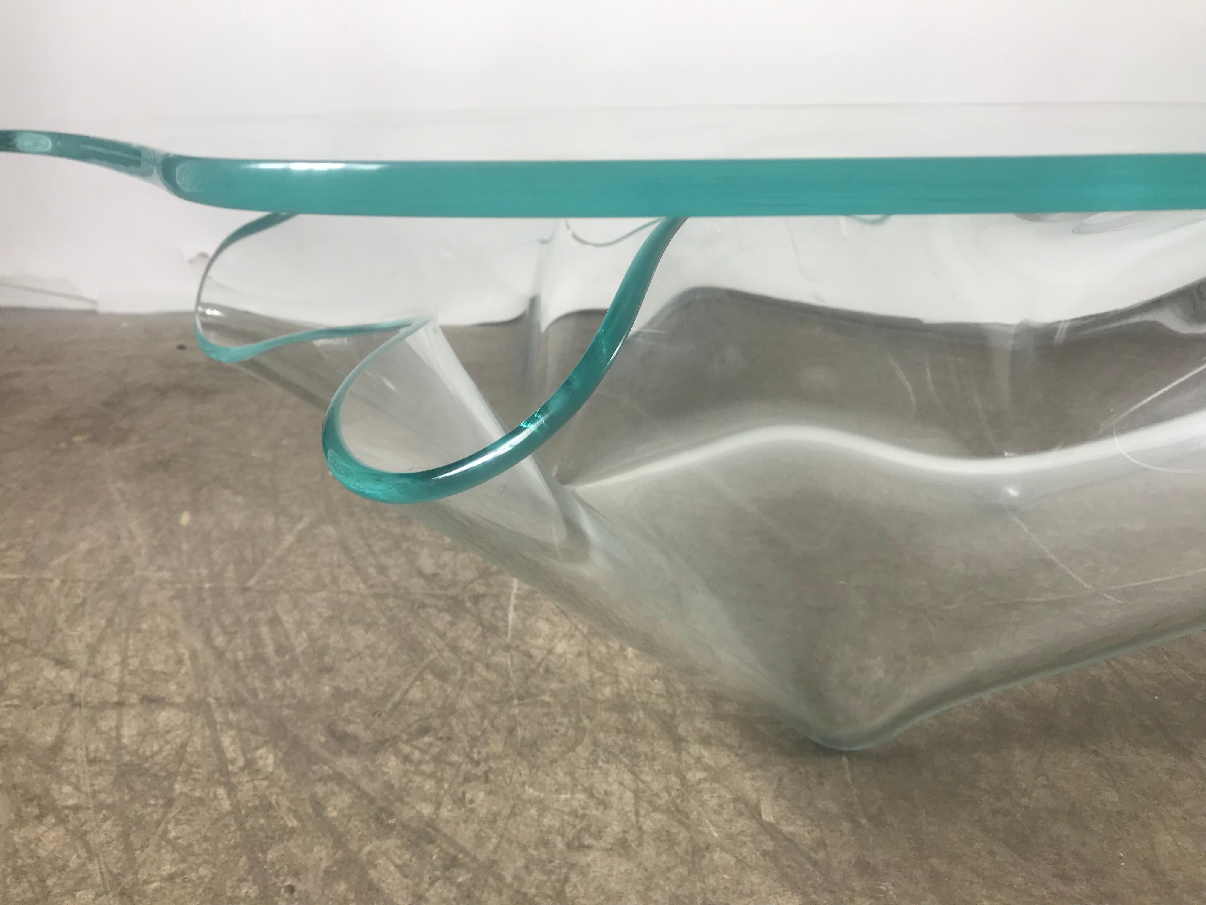 Futurist Monumental Laurel Fyfe Sculptural Blue Glass Handkerchief Coffee Table, Signed