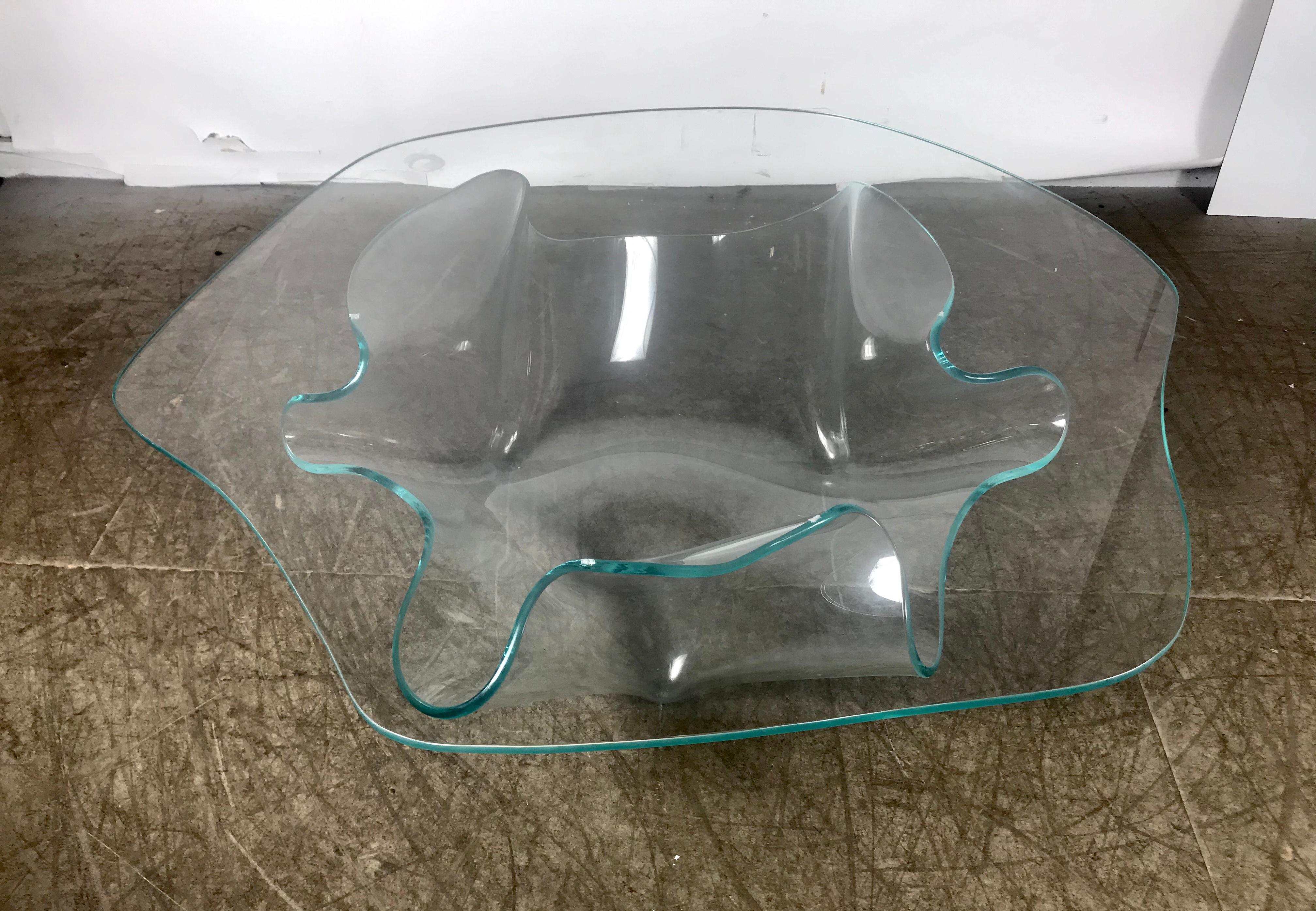 Monumental Laurel Fyfe Sculptural Blue Glass Handkerchief Coffee Table, Signed In Good Condition In Buffalo, NY