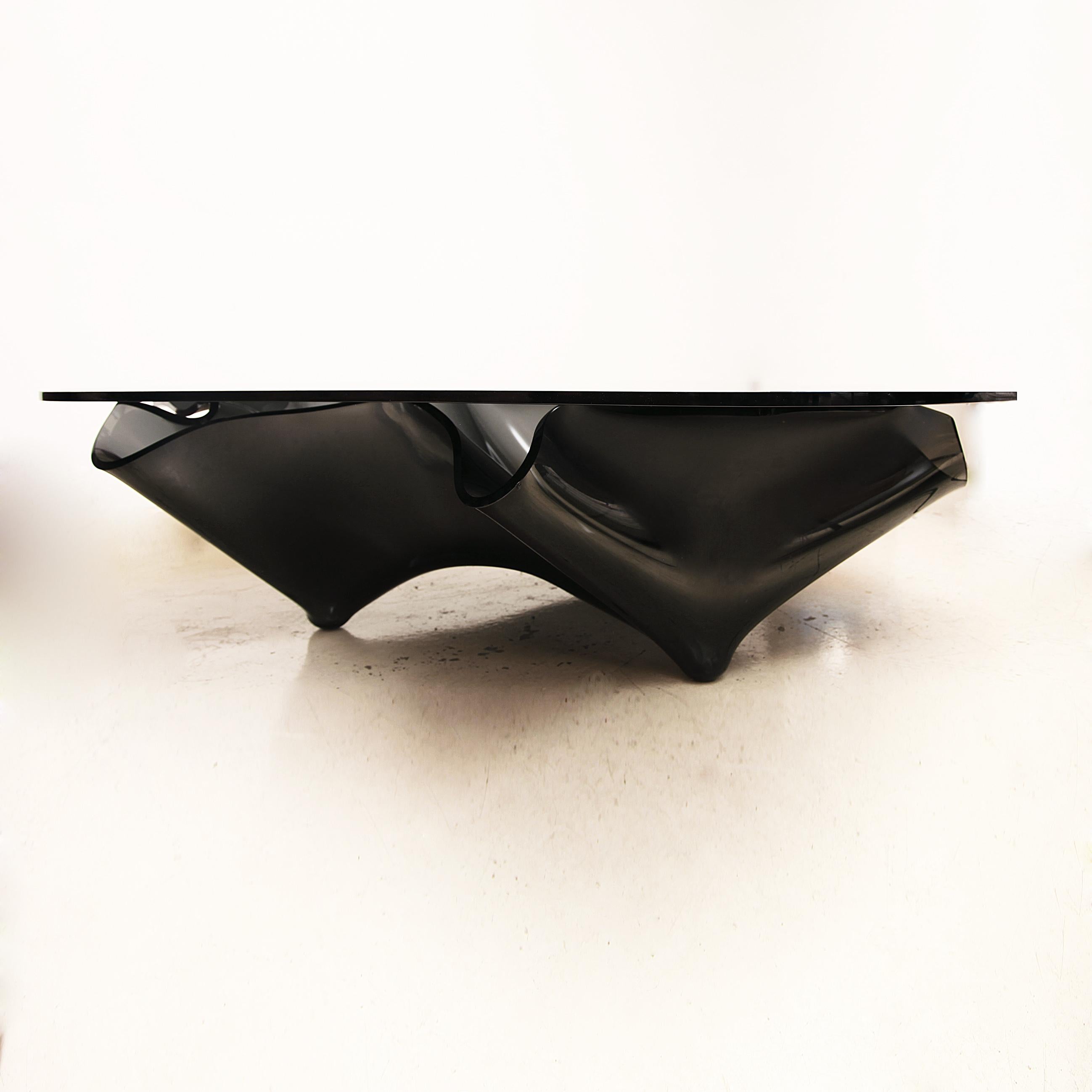 American Monumental Laurel Fyfe Sculptural Black Glass Handkerchief Coffee Table, Signed For Sale