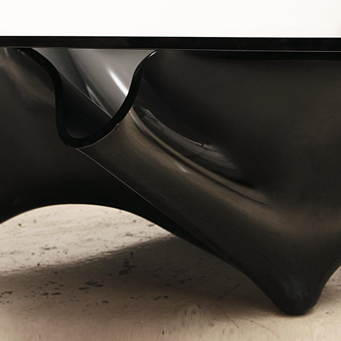 Late 20th Century Monumental Laurel Fyfe Sculptural Black Glass Handkerchief Coffee Table, Signed For Sale