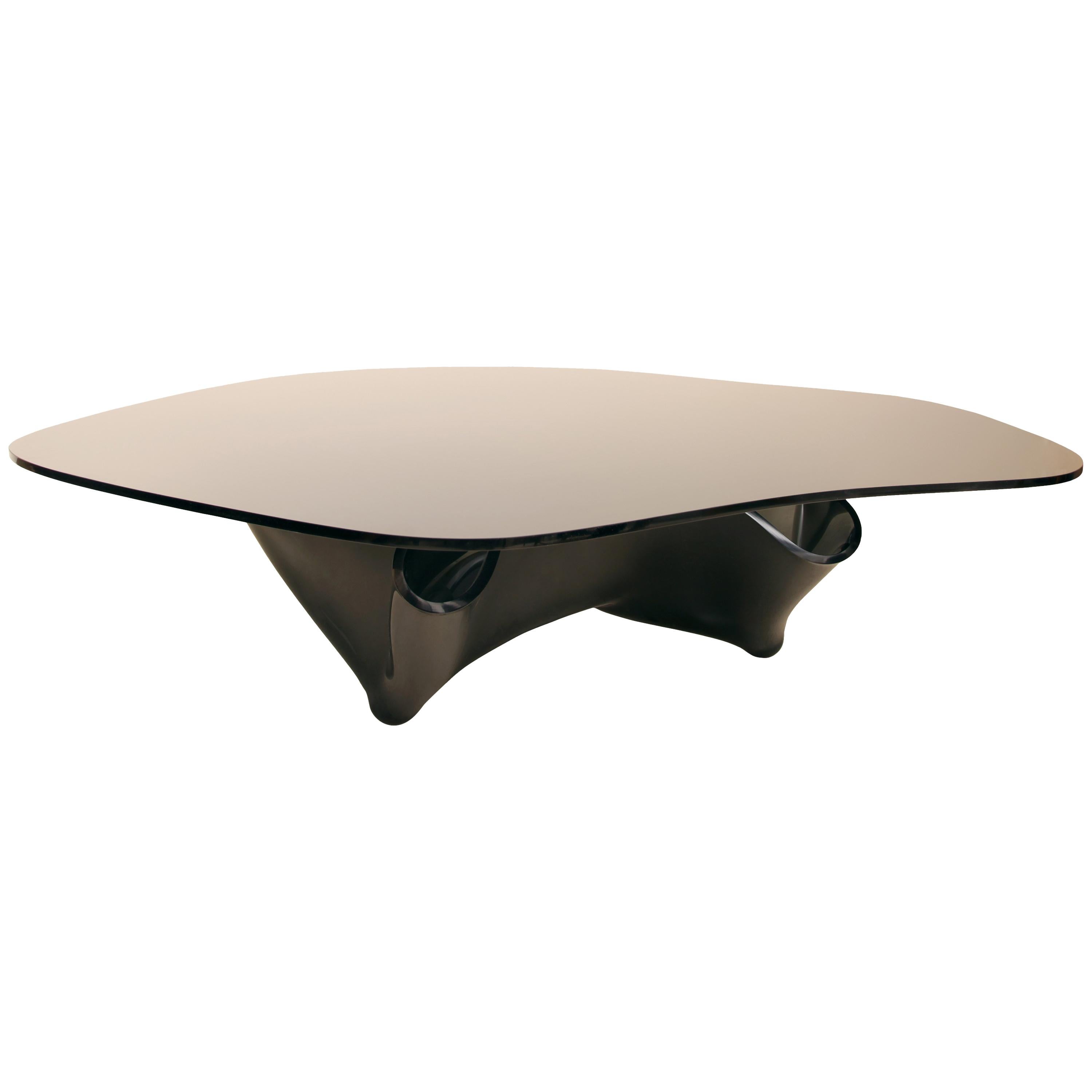 Monumental Laurel Fyfe Sculptural Black Glass Handkerchief Coffee Table, Signed For Sale