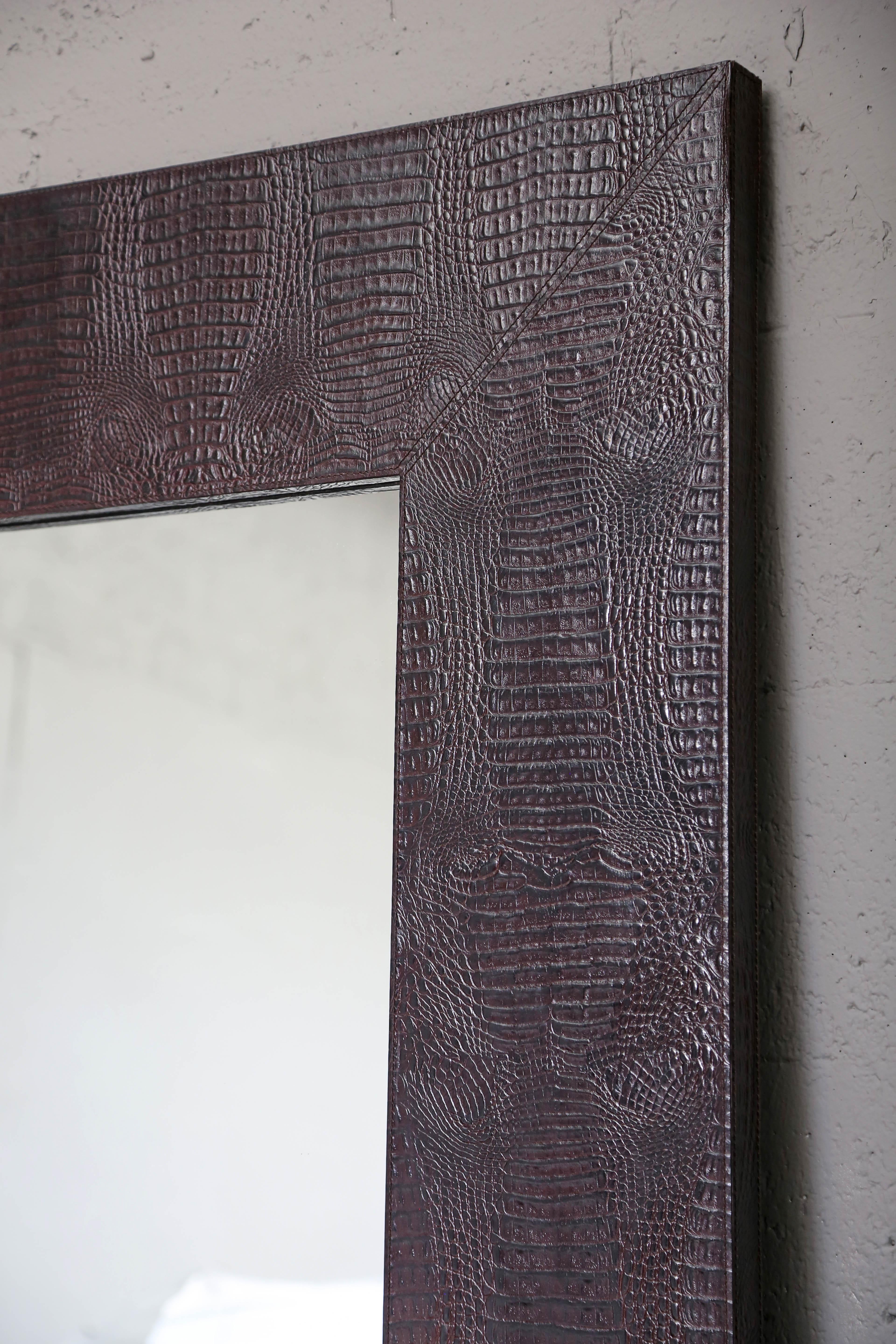 Italian Monumental Leather Embossed Crocodile Mirror by Serge de Troyer, Italy, 2008