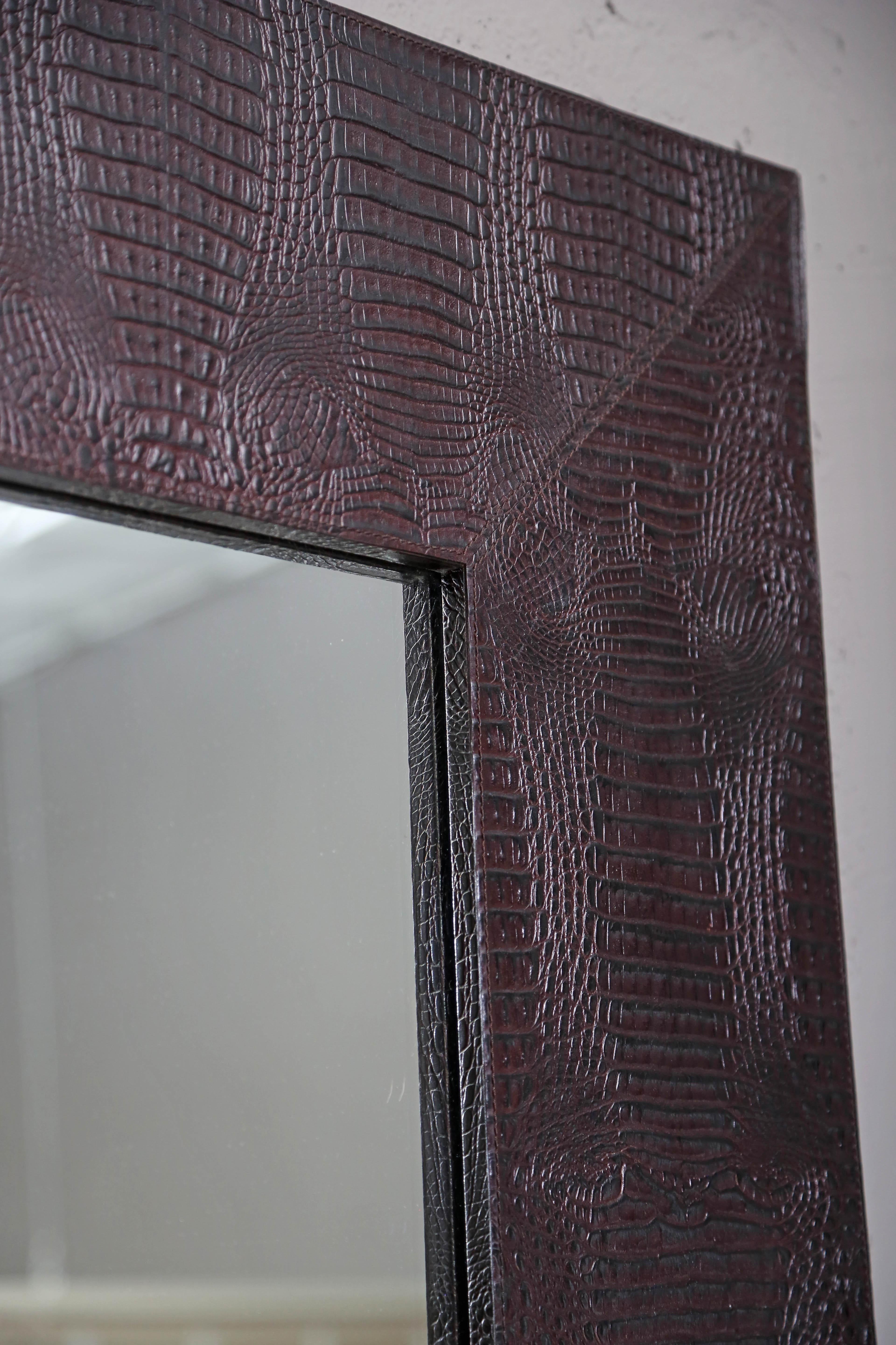 Monumental Leather Embossed Crocodile Mirror by Serge de Troyer, Italy, 2008 1