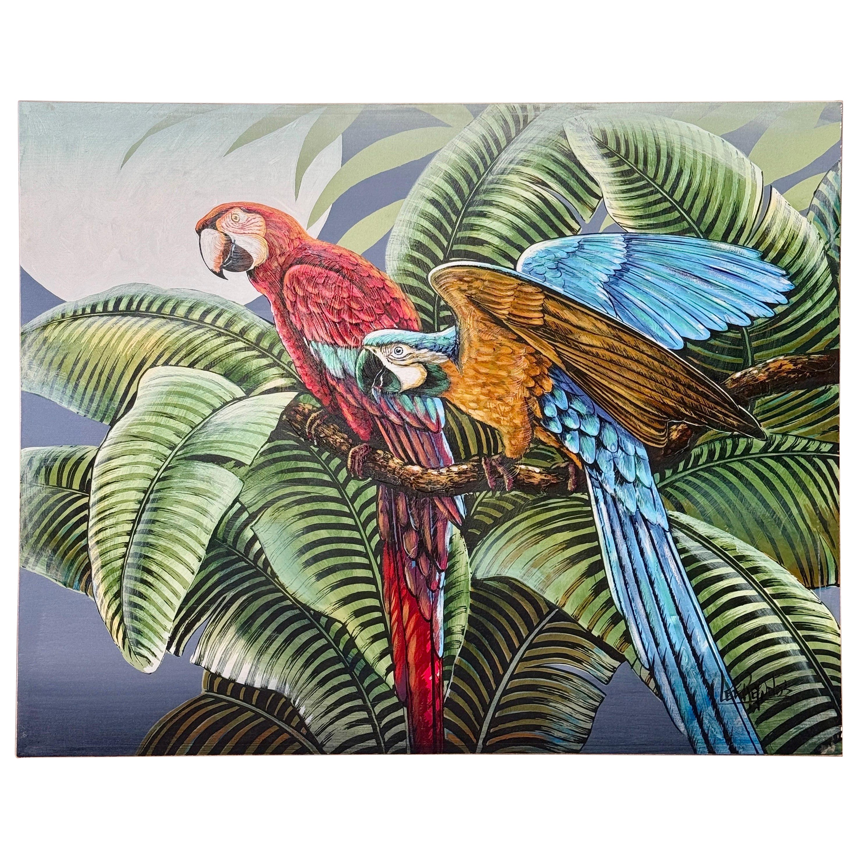Peinture tropicale Monumental Lee Reynolds Vanguard Series "Macaws in Paradise" (Aras au paradis)