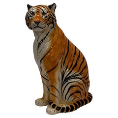 Sculpture monumentale grandeur nature d'un fabuleux tigre italien en céramique émaillée