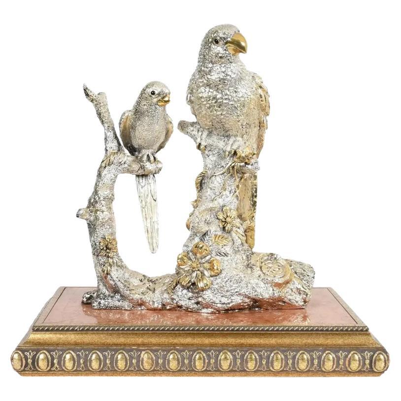 Centre de table monumental en argent sterling 925 avec oiseau perroquet grandeur nature, sculpture sur M