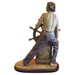 Monumental Lladró Nautical Gres Finish Sculpture Titled "Stormy Sea", Wood Base