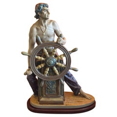 Monumental Lladró Nautical Gres Finish Sculpture Titled "Stormy Sea", Wood Base
