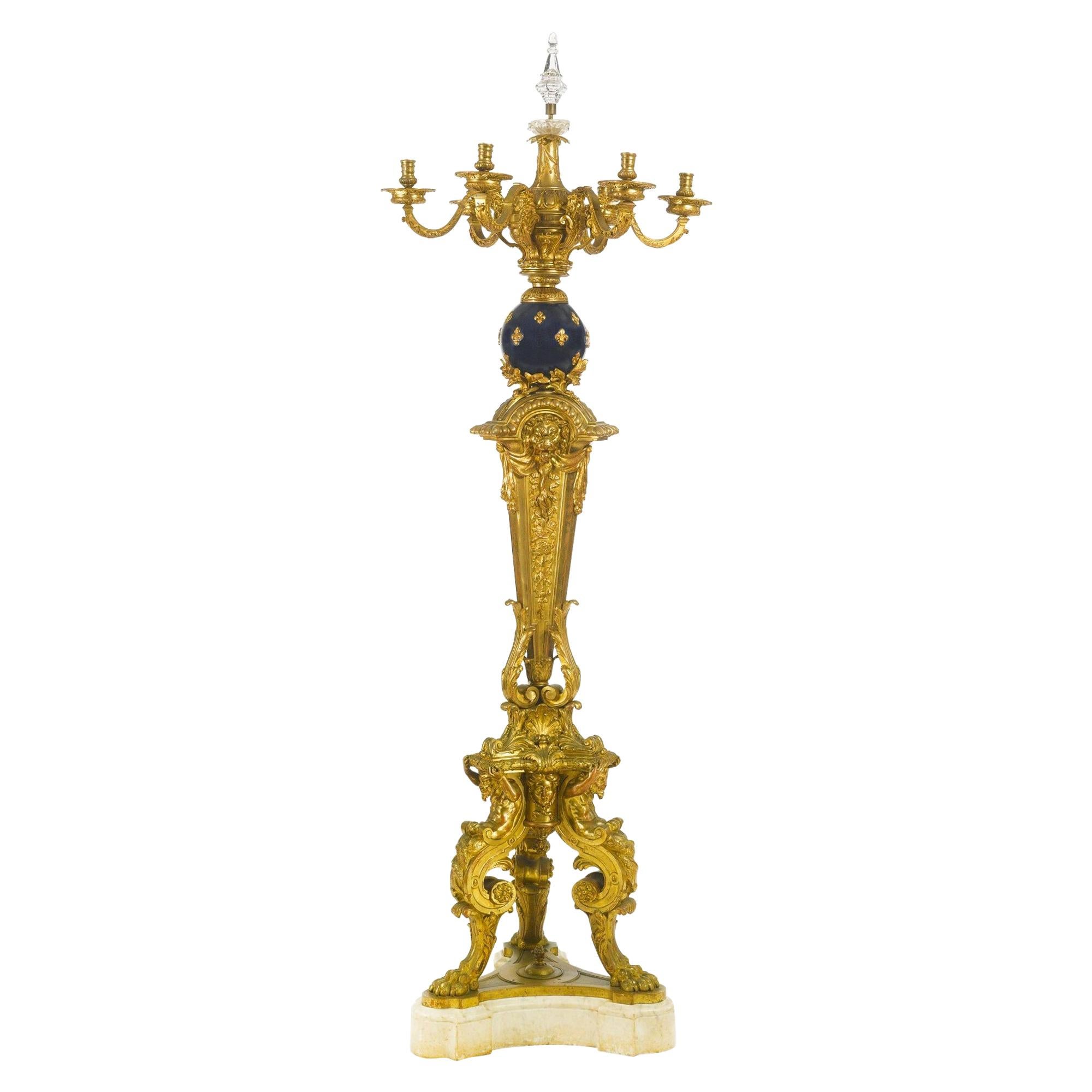 Monumental Louis XIV Style Gilt Bronze Six-Light Floor Torchère