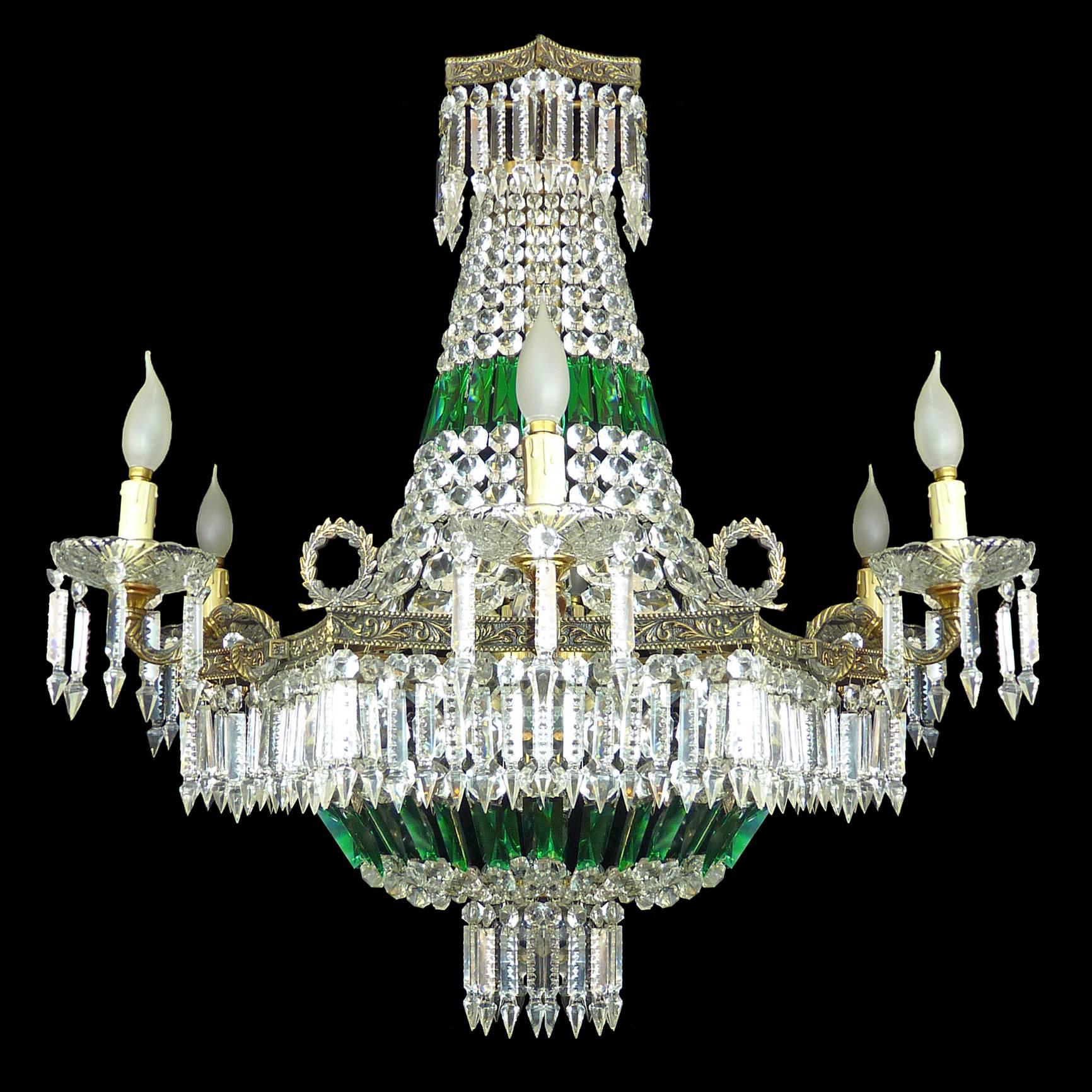 Hollywood Regency Monumental Louis XV Empire Green Crystal Bronze 15-Light Basket Chandelier For Sale