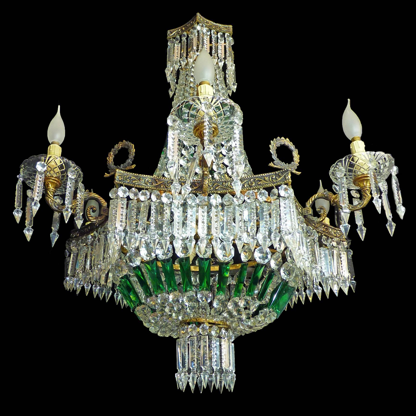 French Monumental Louis XV Empire Green Crystal Bronze 15-Light Basket Chandelier For Sale